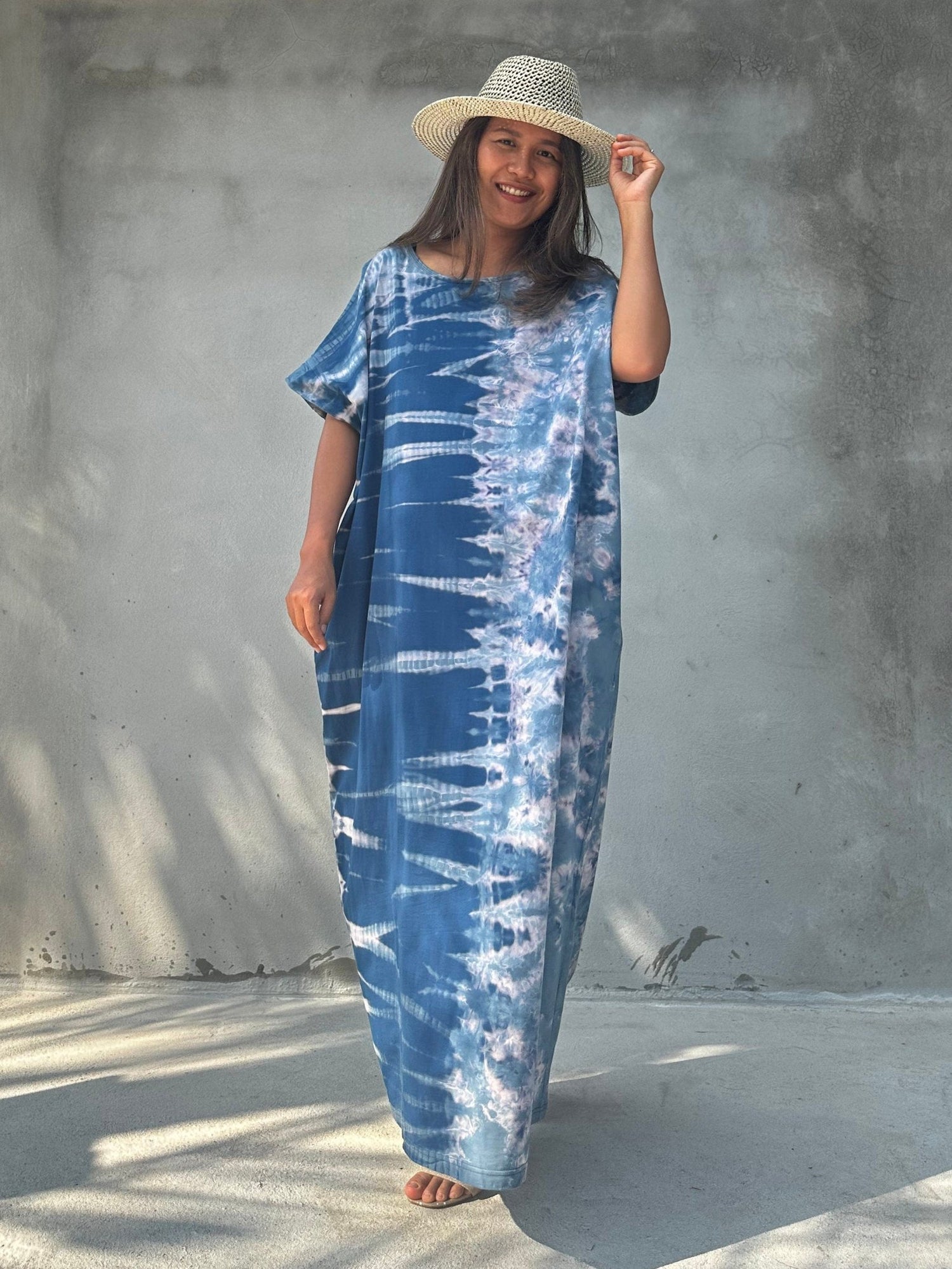 MALA handworks Alice Jersey Cotton Kaftan in Blue Tidal Tie Dye