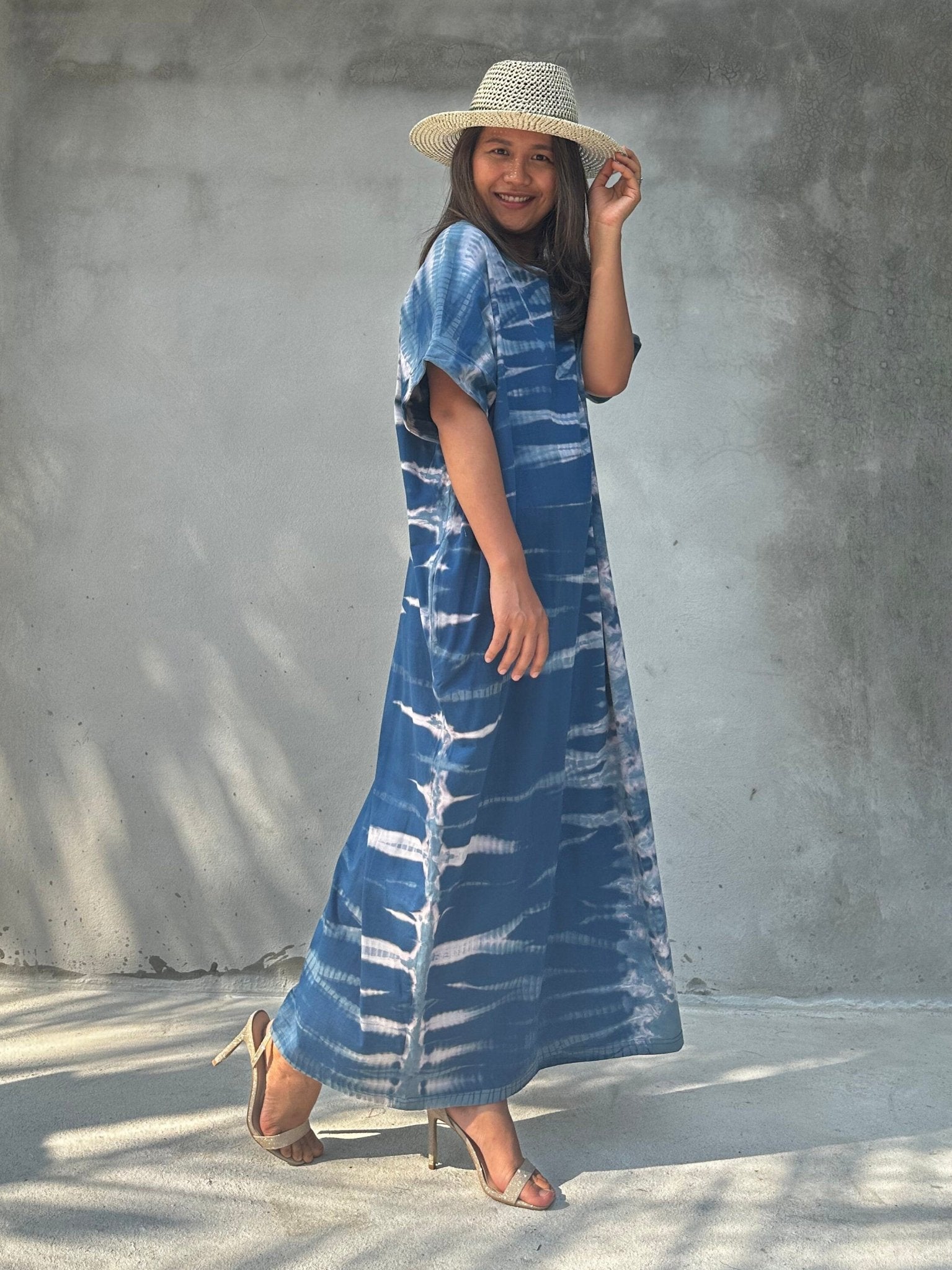 MALA handworks Alice Jersey Cotton Kaftan in Blue Tidal Tie Dye