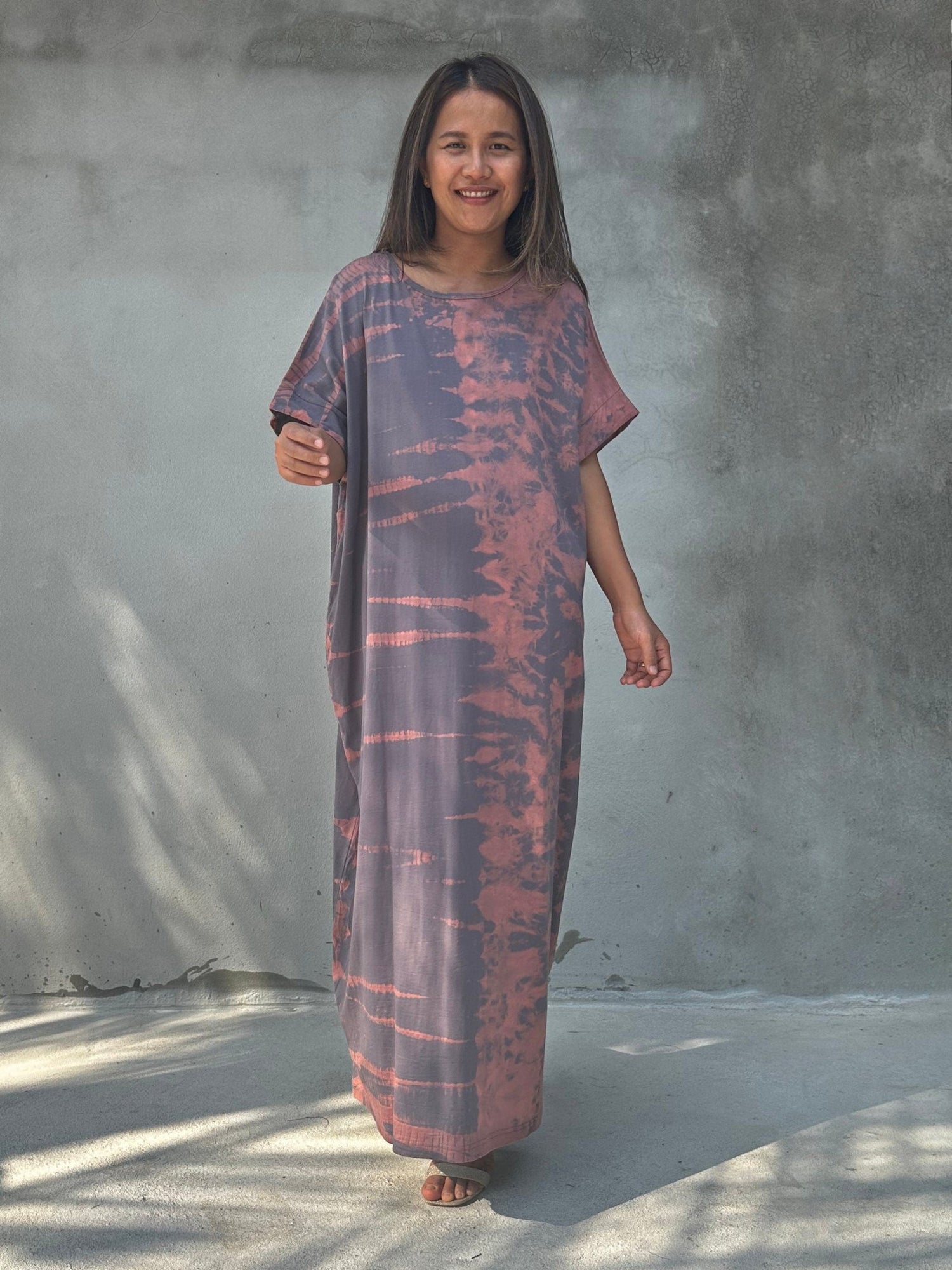 Mala Handworks Alice Jersey Cotton Kaftan in Gray Rainbow Tie Dye