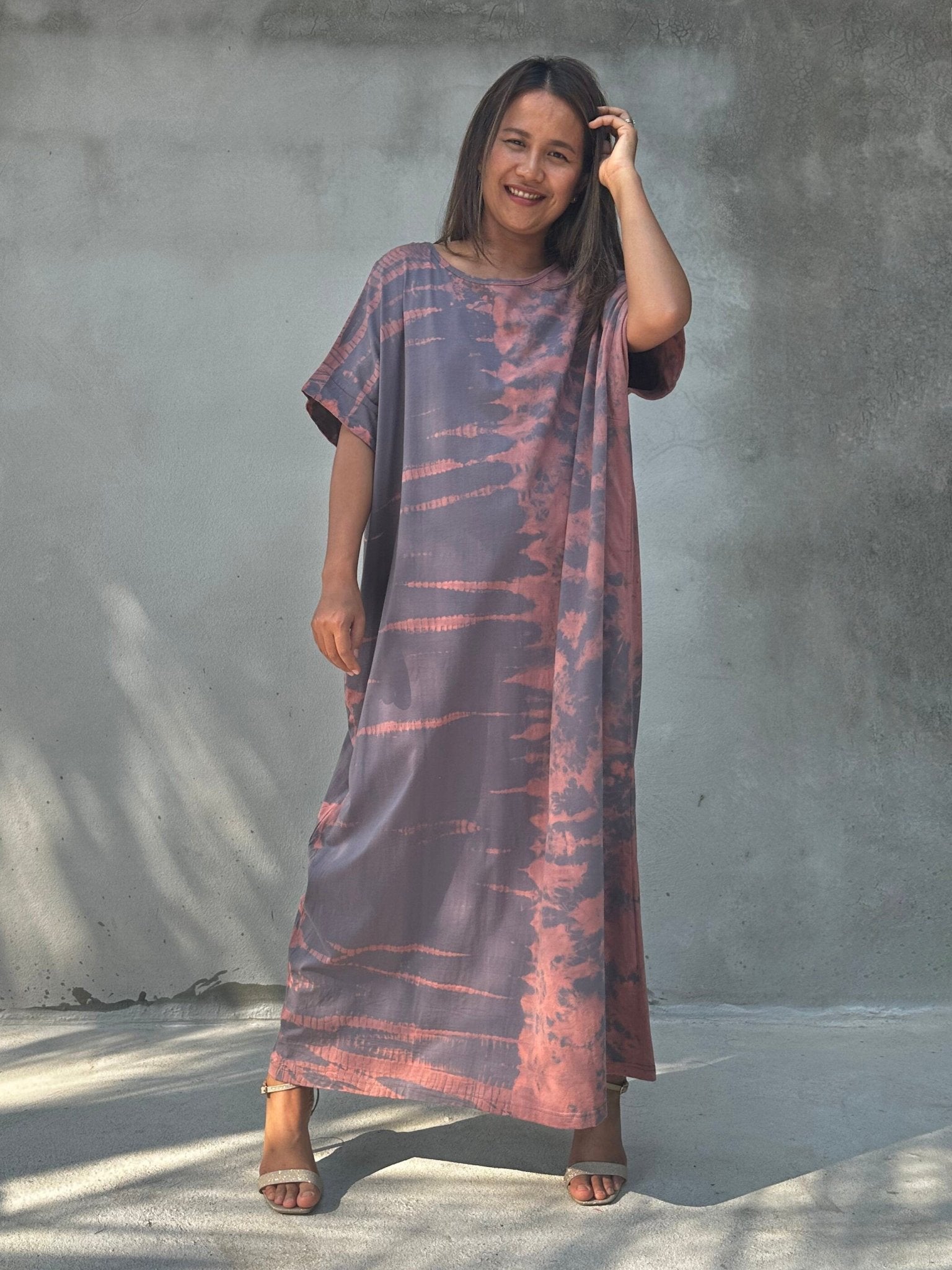 Mala Handworks Alice Jersey Cotton Kaftan in Gray Rainbow Tie Dye