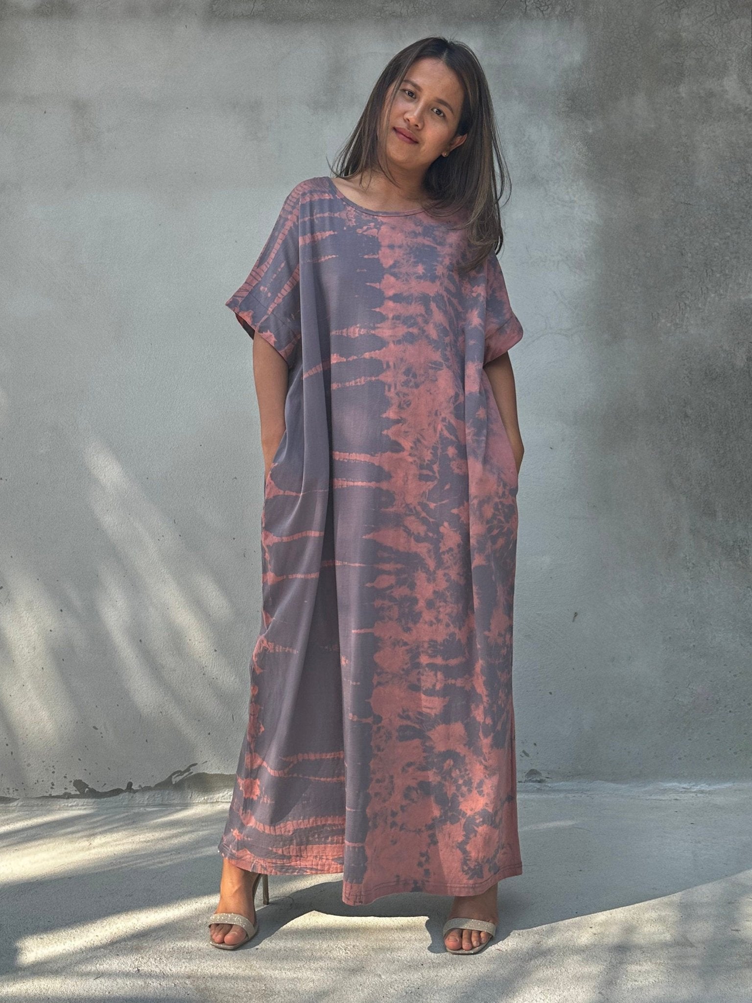 Mala Handworks Alice Jersey Cotton Kaftan in Gray Rainbow Tie Dye