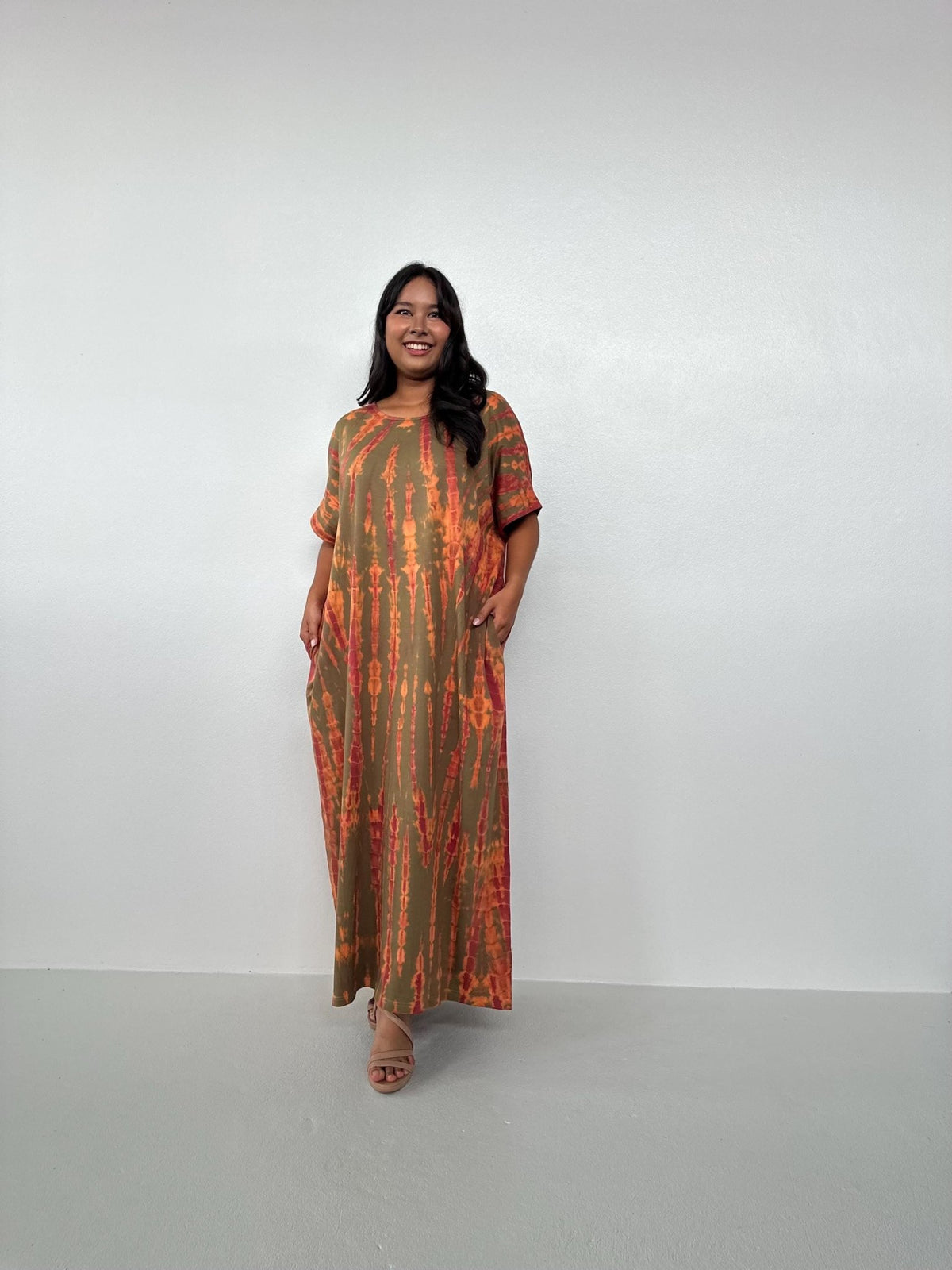 MALA handworks  Alice Jersey Cotton Kaftan in Olive and Orange Tie Dye