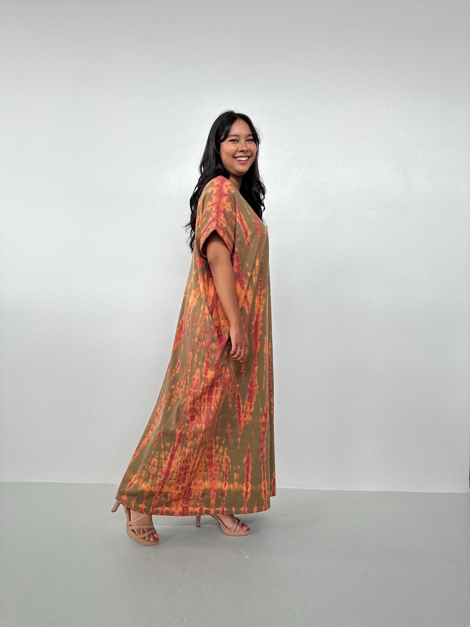 MALA handworks  Alice Jersey Cotton Kaftan in Olive and Orange Tie Dye
