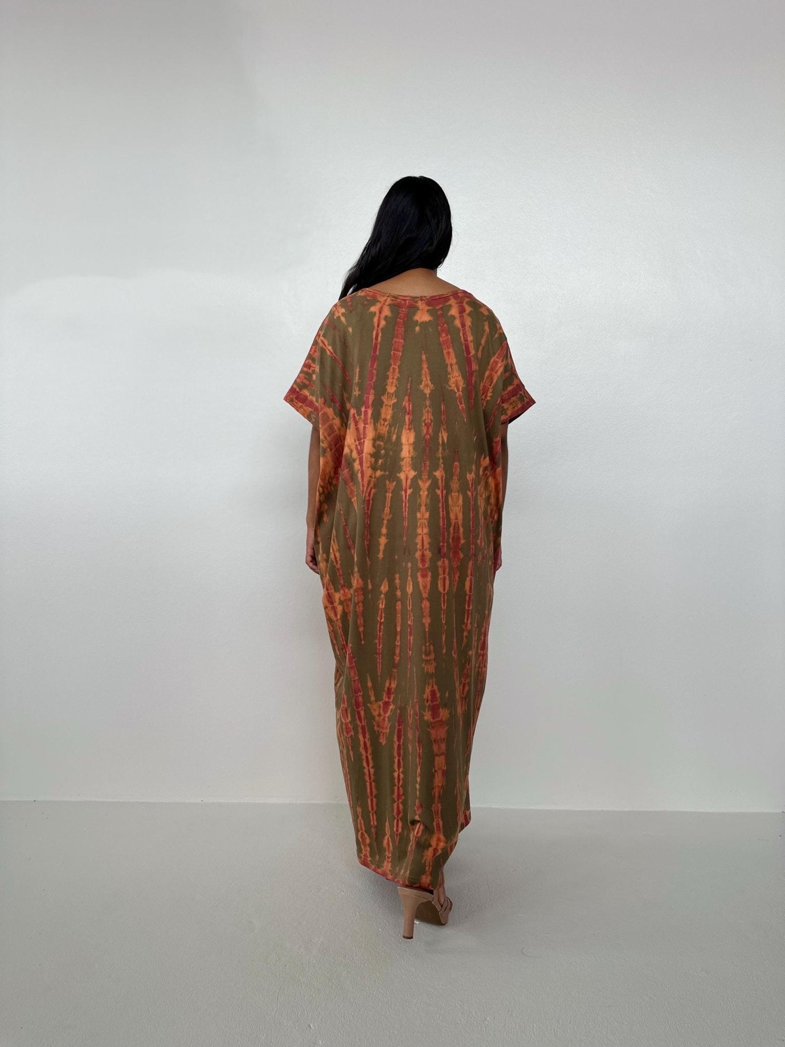MALA handworks  Alice Jersey Cotton Kaftan in Olive and Orange Tie Dye