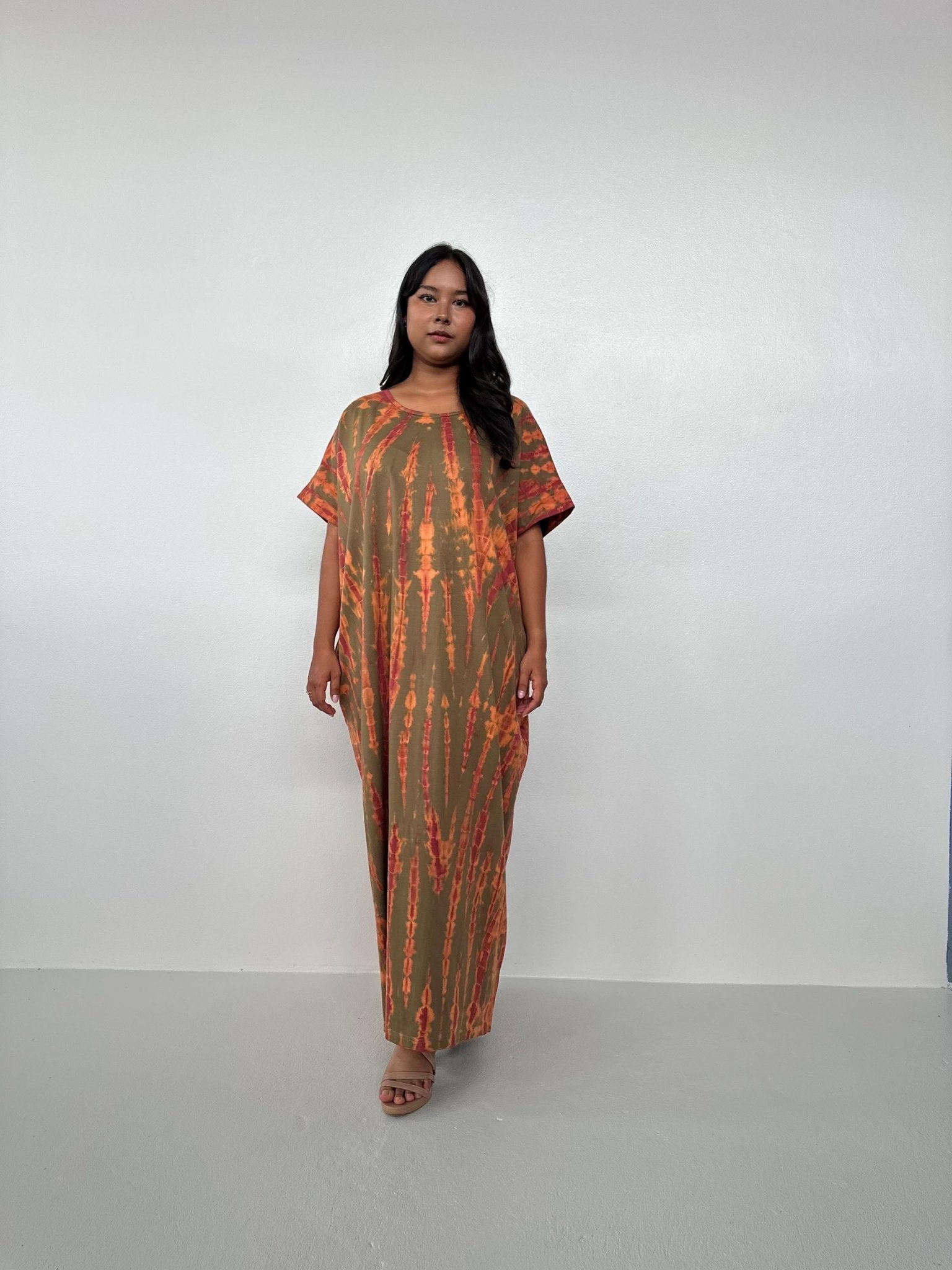 MALA handworks  Alice Jersey Cotton Kaftan in Olive and Orange Tie Dye