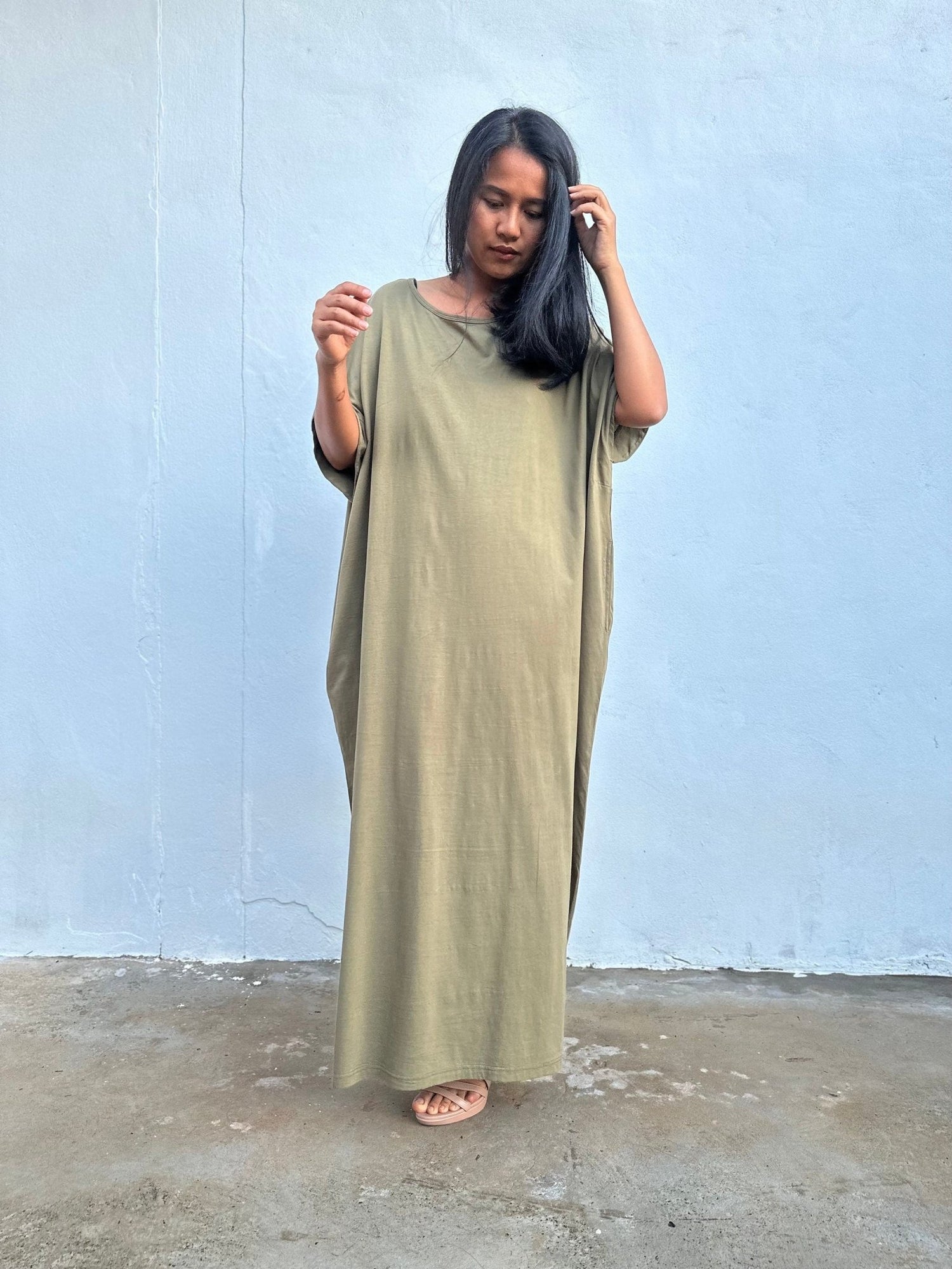 Mala Handworks Alice Jersey Cotton Kaftan in Olive