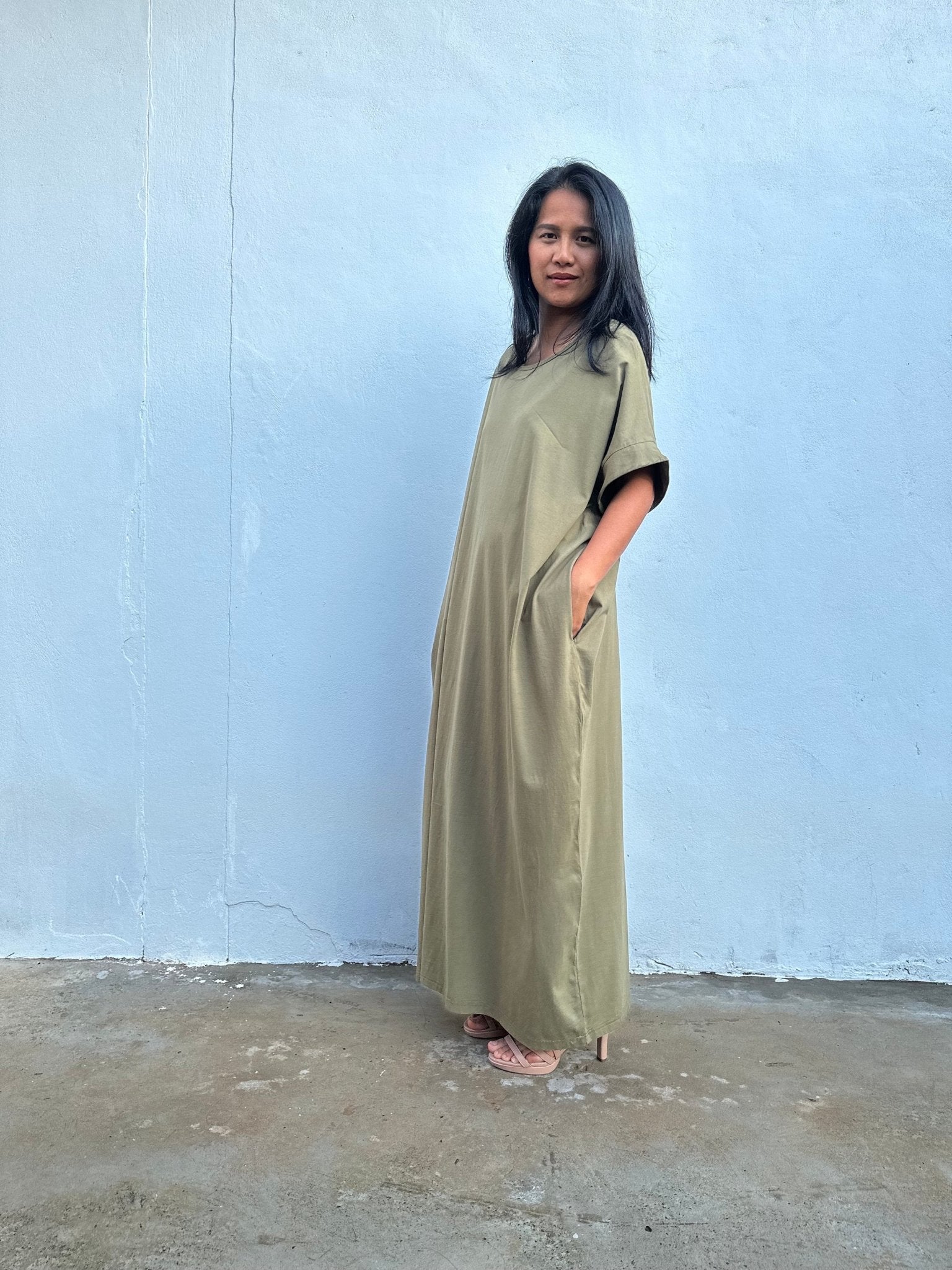 Mala Handworks Alice Jersey Cotton Kaftan in Olive