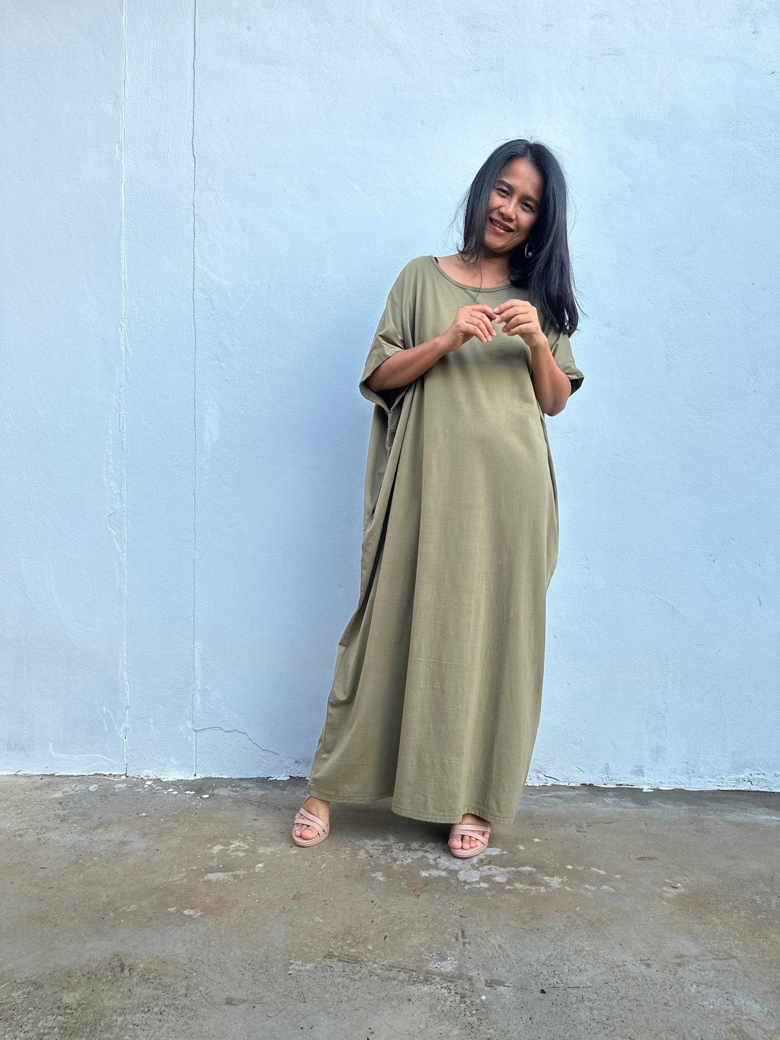 Mala Handworks Alice Jersey Cotton Kaftan in Olive