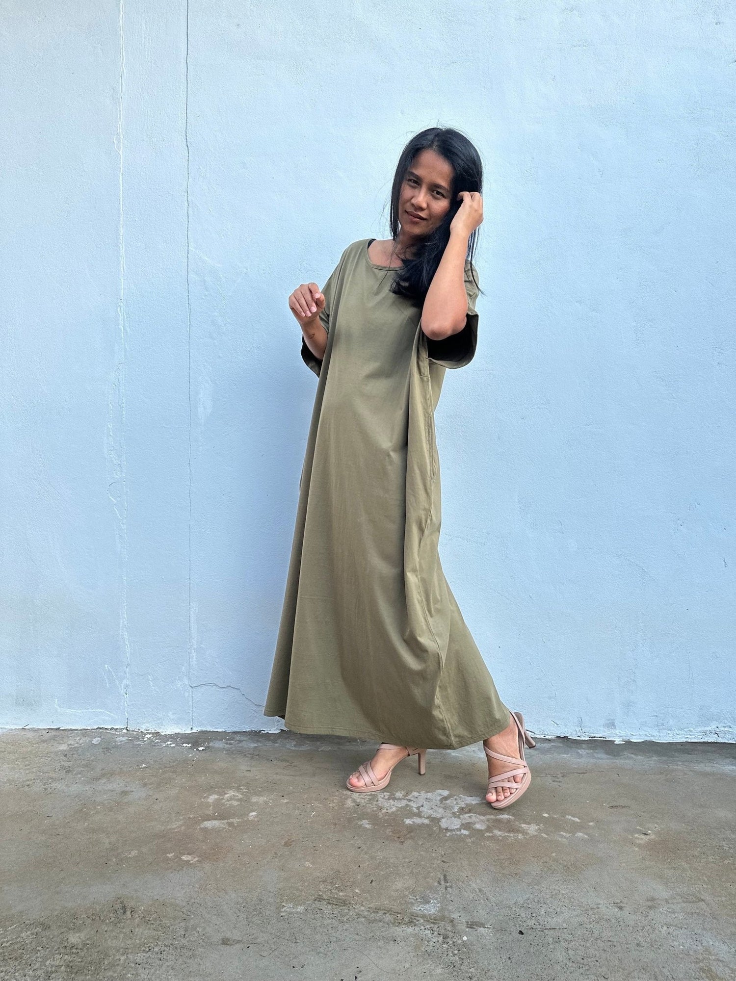 Mala Handworks Alice Jersey Cotton Kaftan in Olive