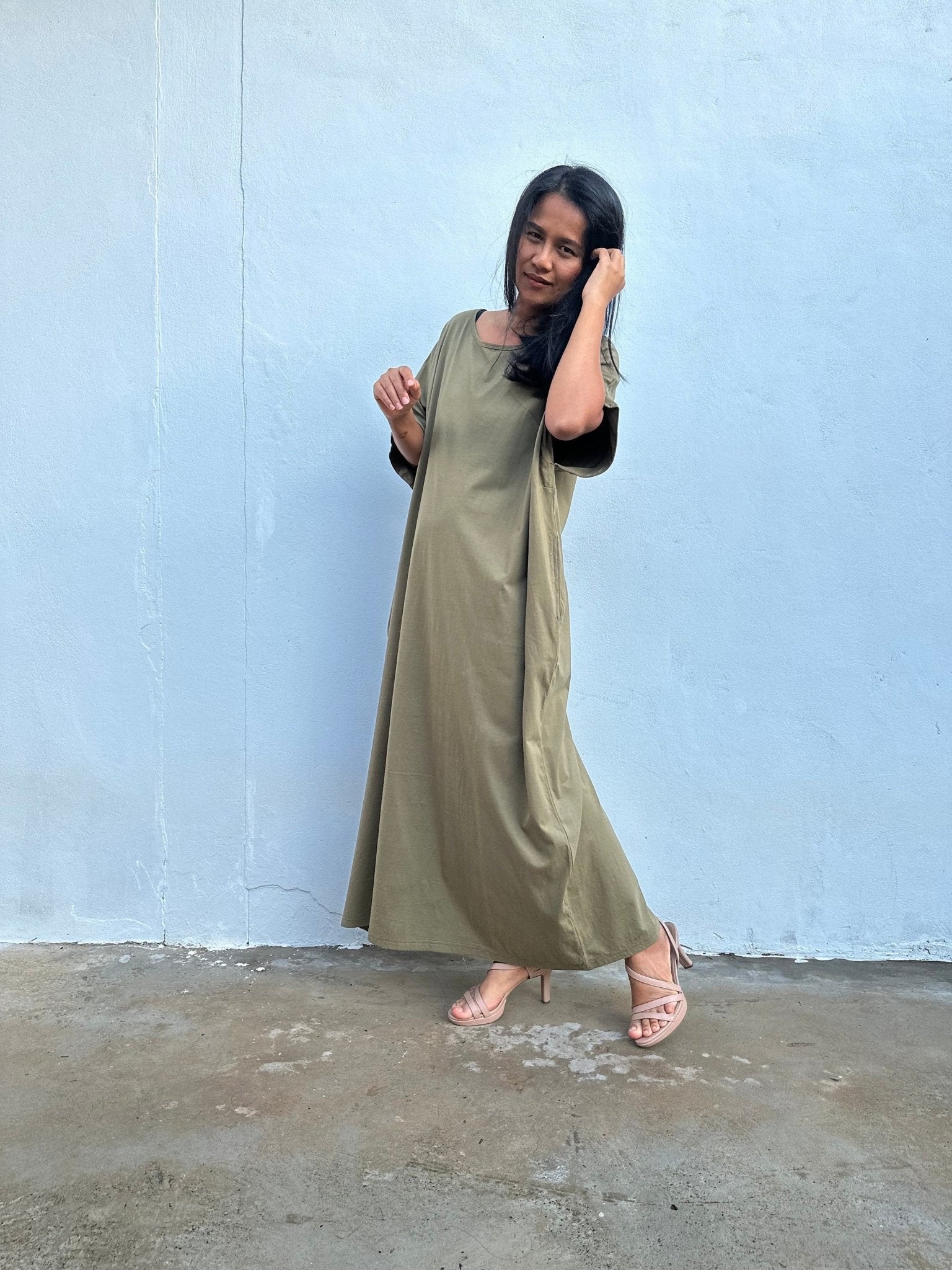 Mala Handworks Alice Jersey Cotton Kaftan in Olive