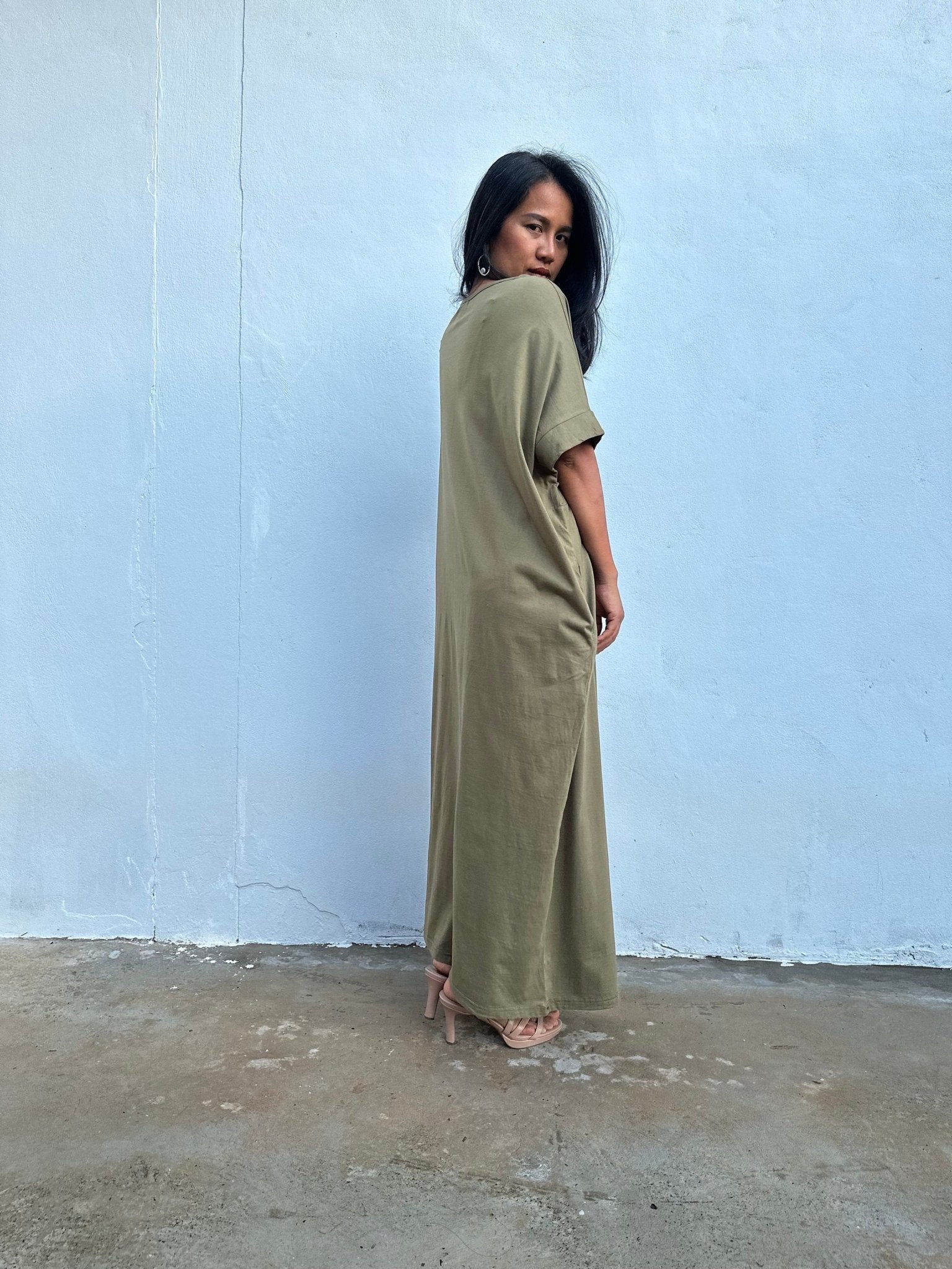 Mala Handworks Alice Jersey Cotton Kaftan in Olive