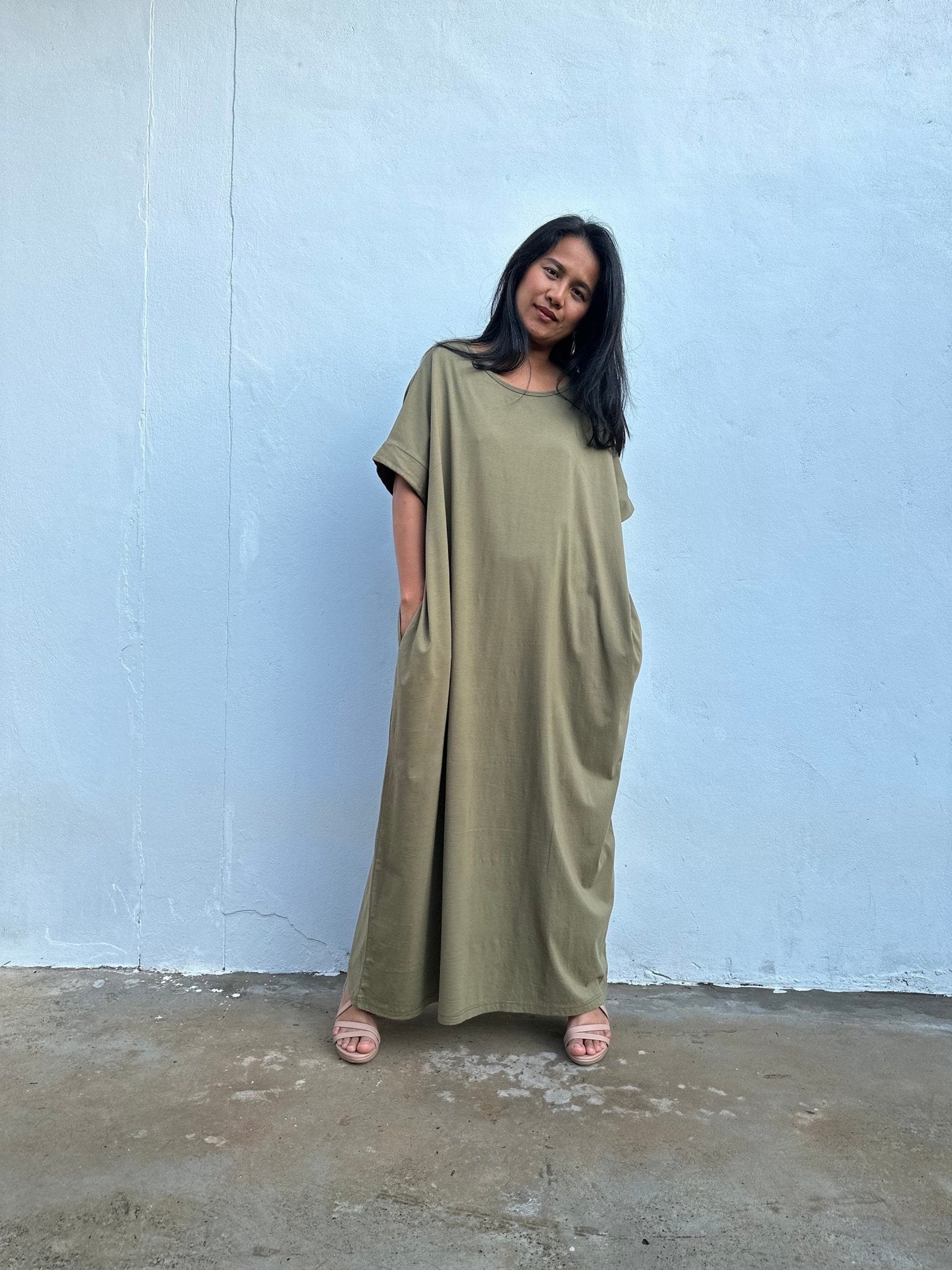 Mala Handworks Alice Jersey Cotton Kaftan in Olive