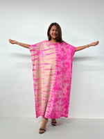Alice Jersey Cotton Kaftan in Peach & Fuchsia Tie Dye - Gemini Pattern - Mala Handworks