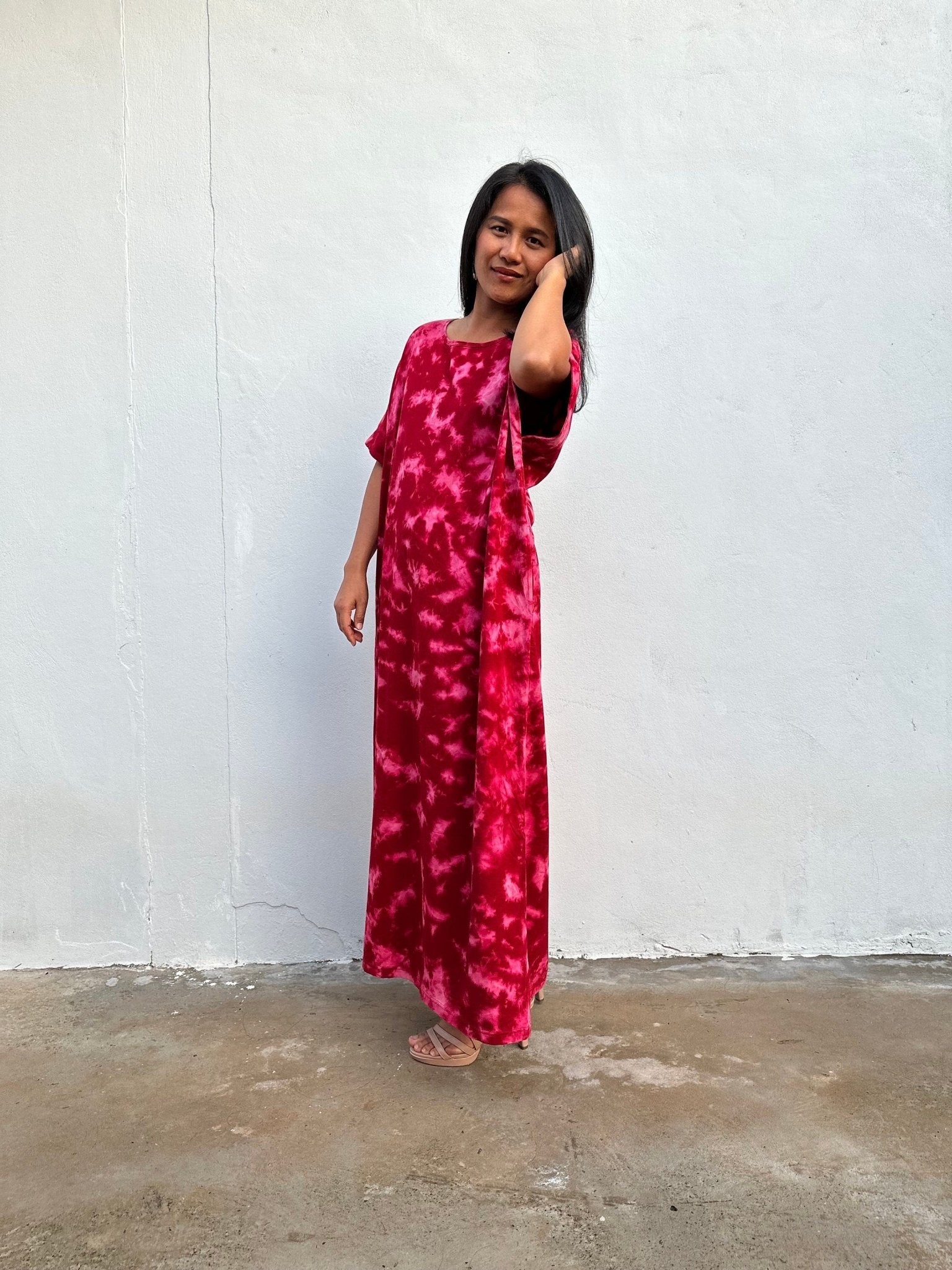 MALA handworks Alice Jersey Cotton Kaftan in Red and Pink Rainbow Tie Dye