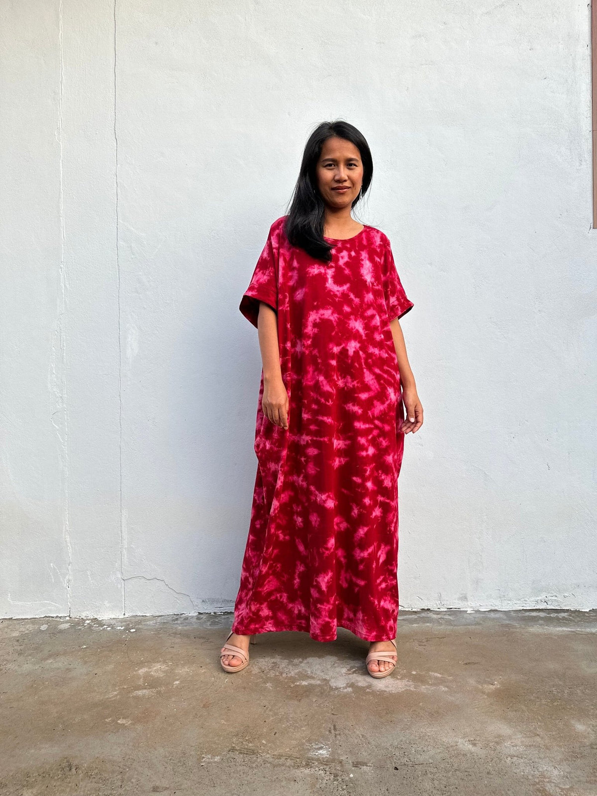 MALA handworks Alice Jersey Cotton Kaftan in Red and Pink Rainbow Tie Dye