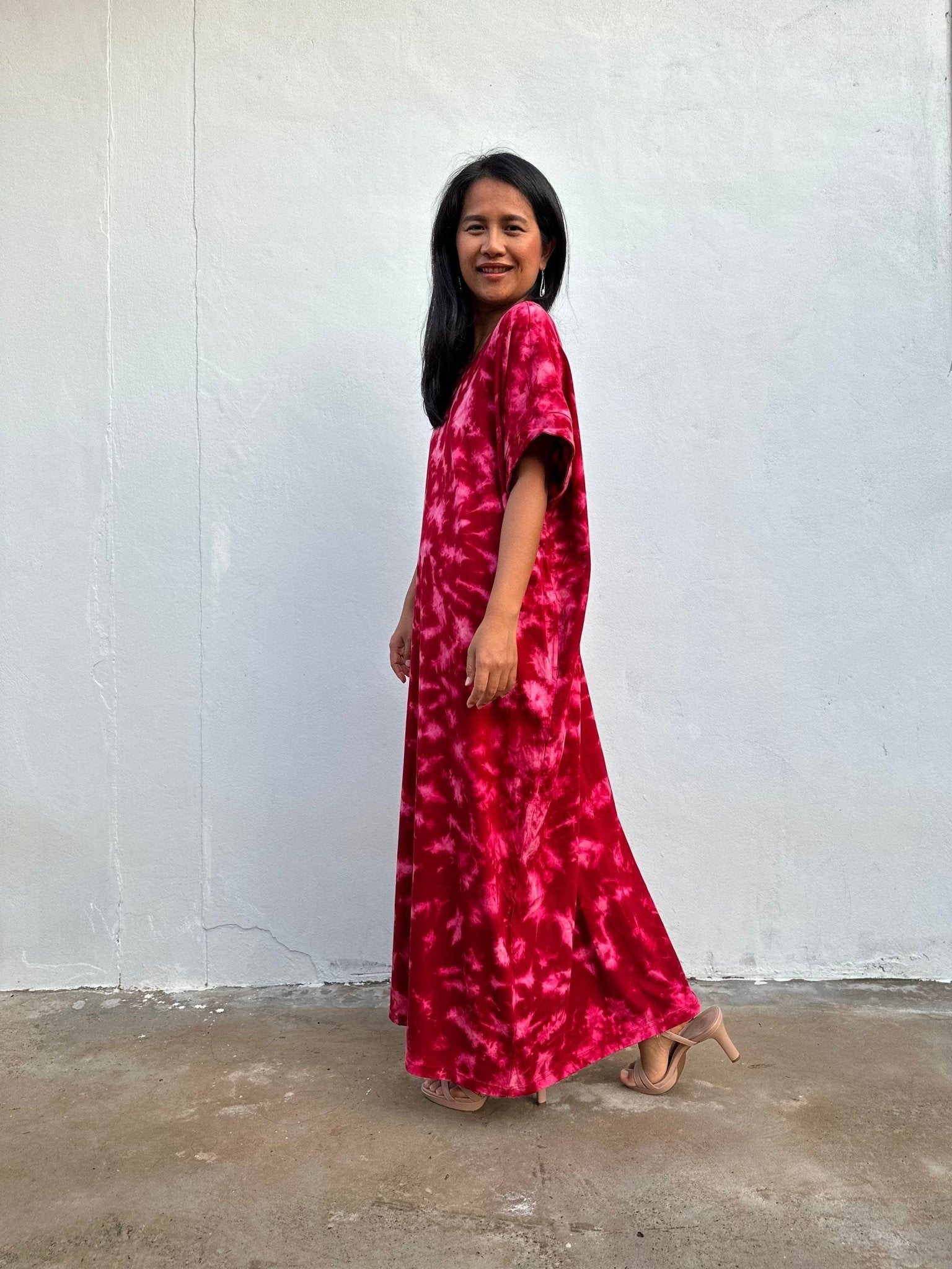 MALA handworks Alice Jersey Cotton Kaftan in Red and Pink Rainbow Tie Dye