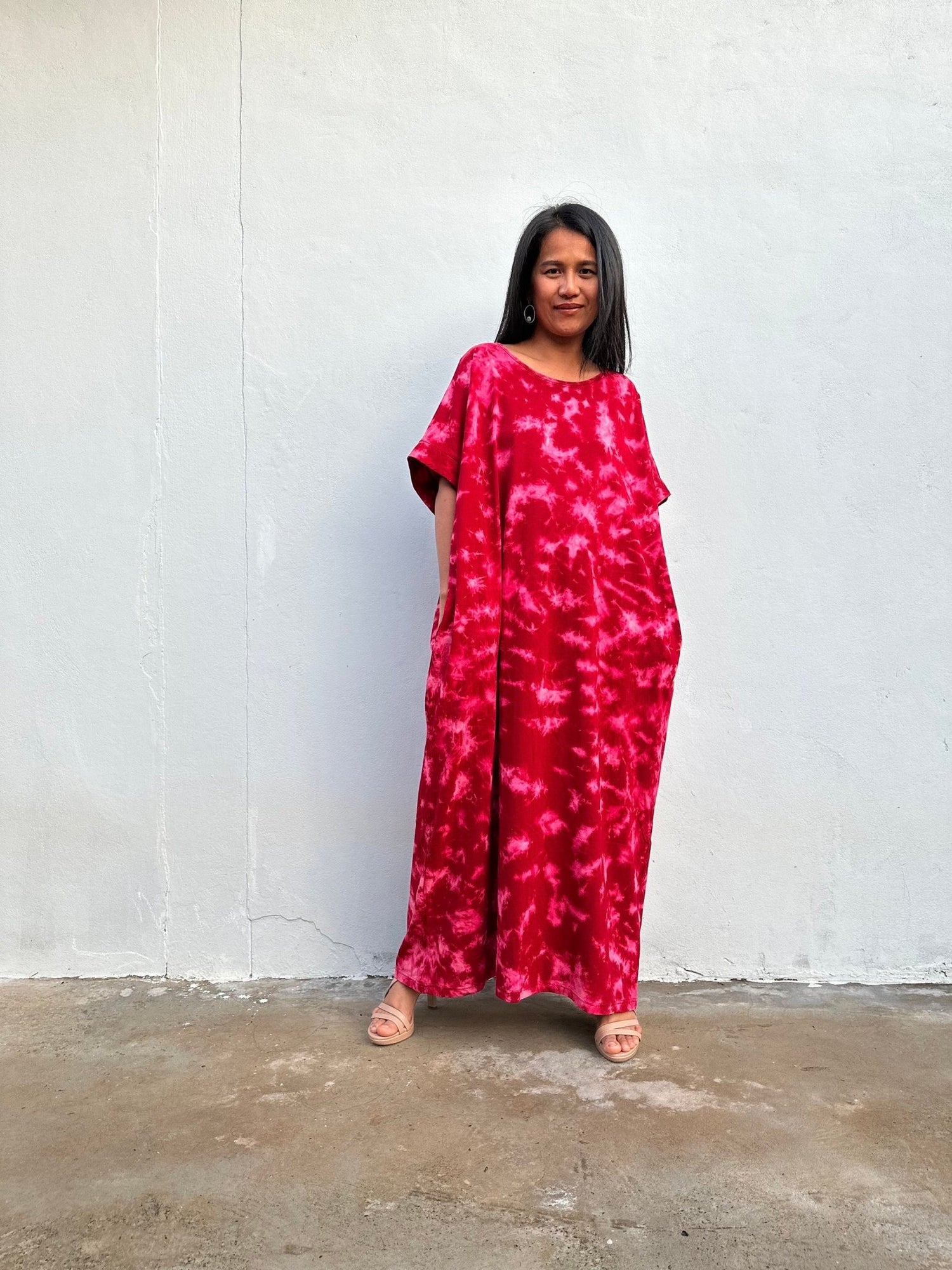 MALA handworks Alice Jersey Cotton Kaftan in Red and Pink Rainbow Tie Dye