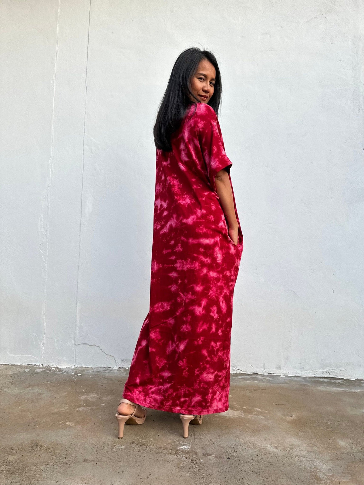 MALA handworks Alice Jersey Cotton Kaftan in Red and Pink Rainbow Tie Dye