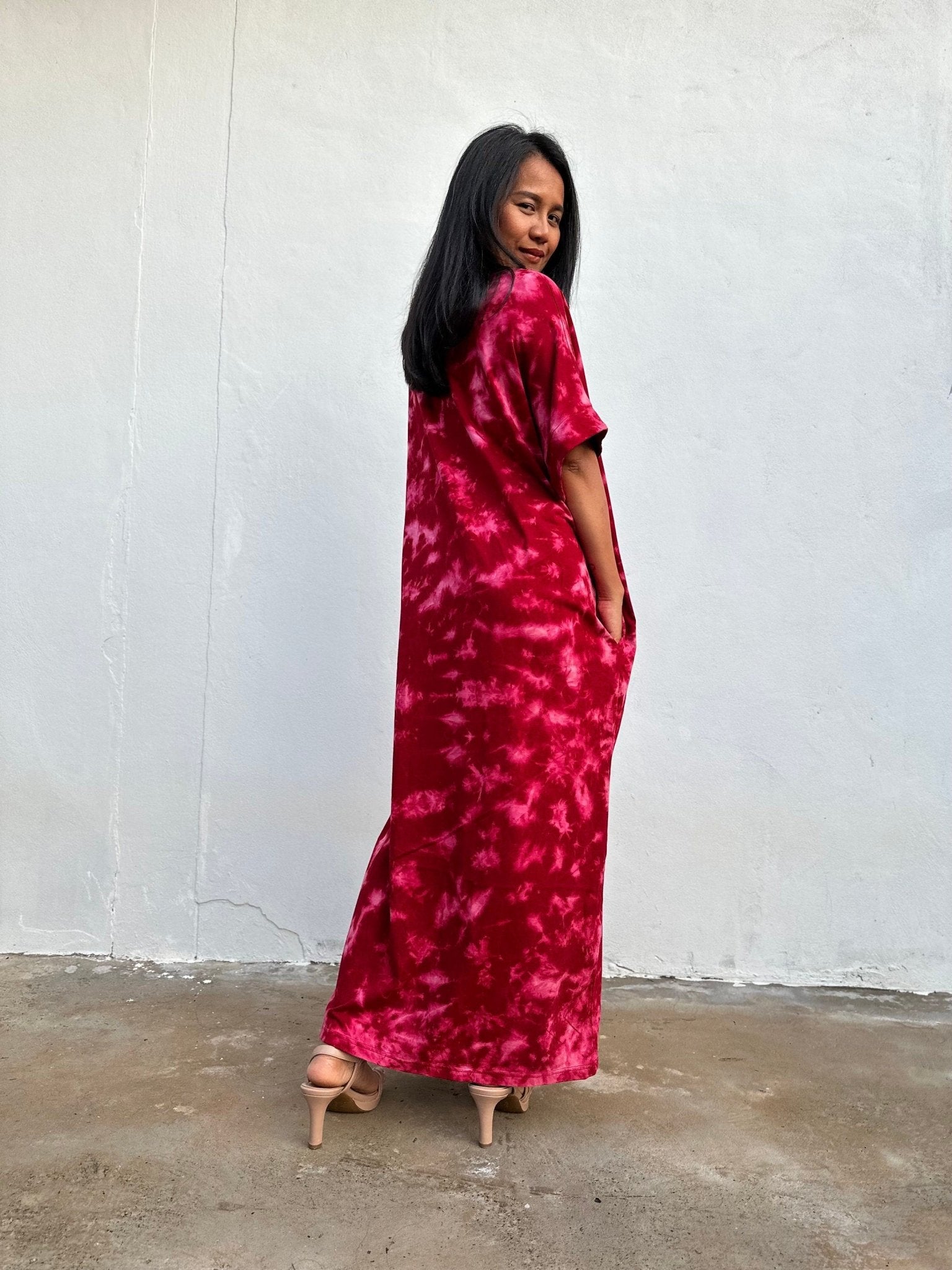 MALA handworks Alice Jersey Cotton Kaftan in Red and Pink Rainbow Tie Dye