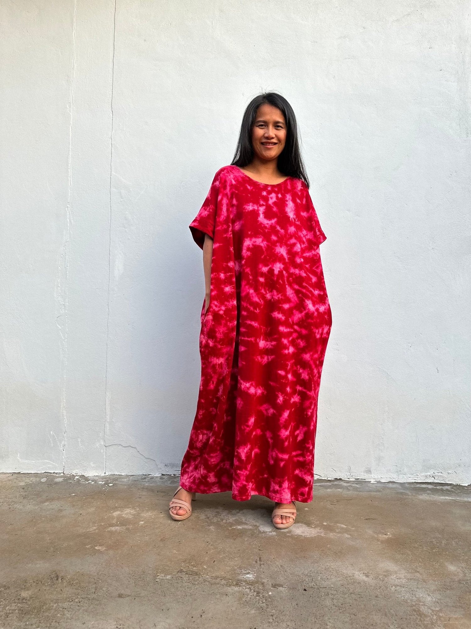 MALA handworks Alice Jersey Cotton Kaftan in Red and Pink Rainbow Tie Dye