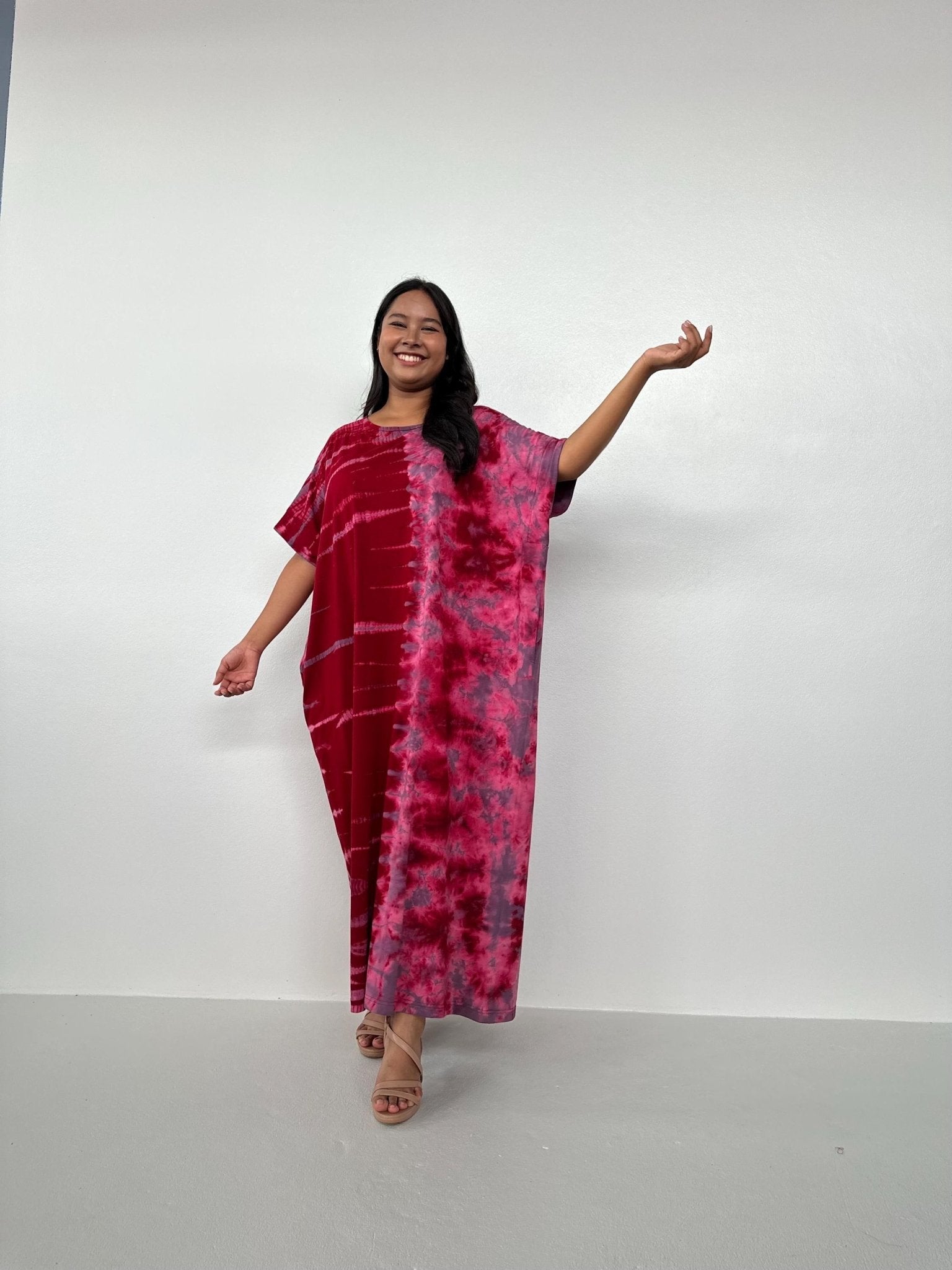 Mala Handworks Alice Jersey Cotton Kaftan in Red and Pink Tidal Tie Dye