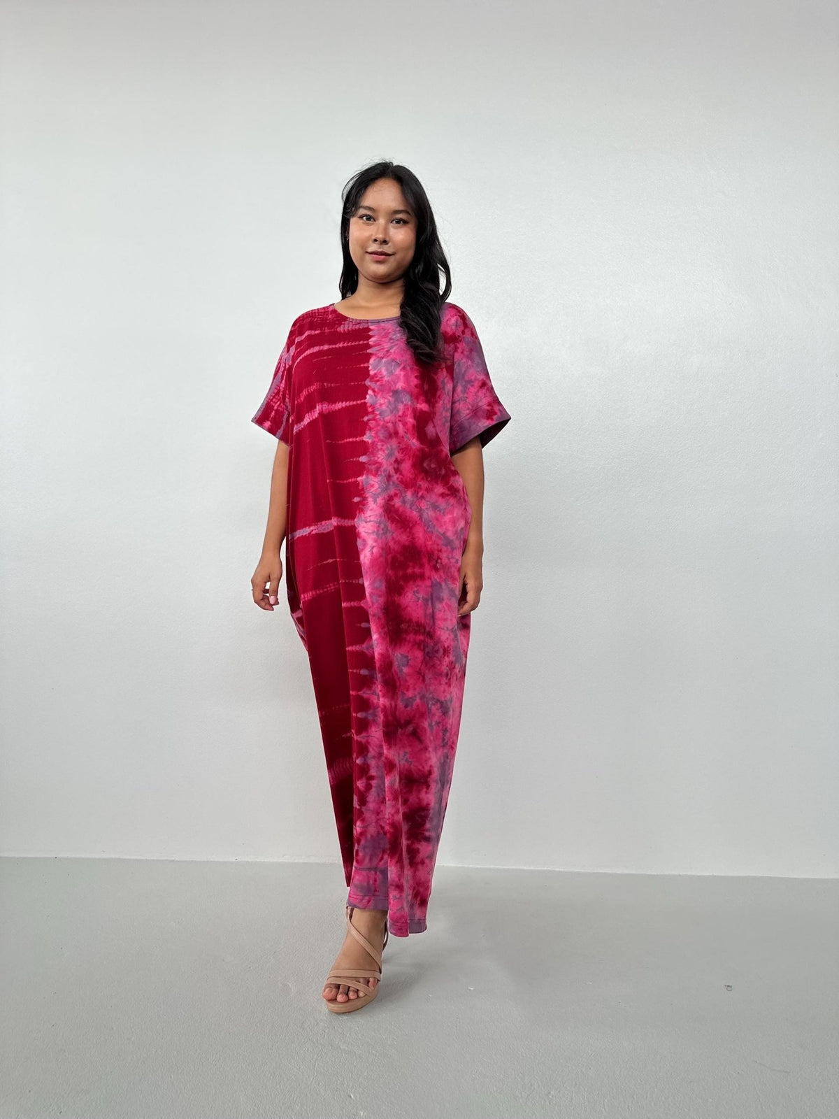 Mala Handworks Alice Jersey Cotton Kaftan in Red and Pink Tidal Tie Dye