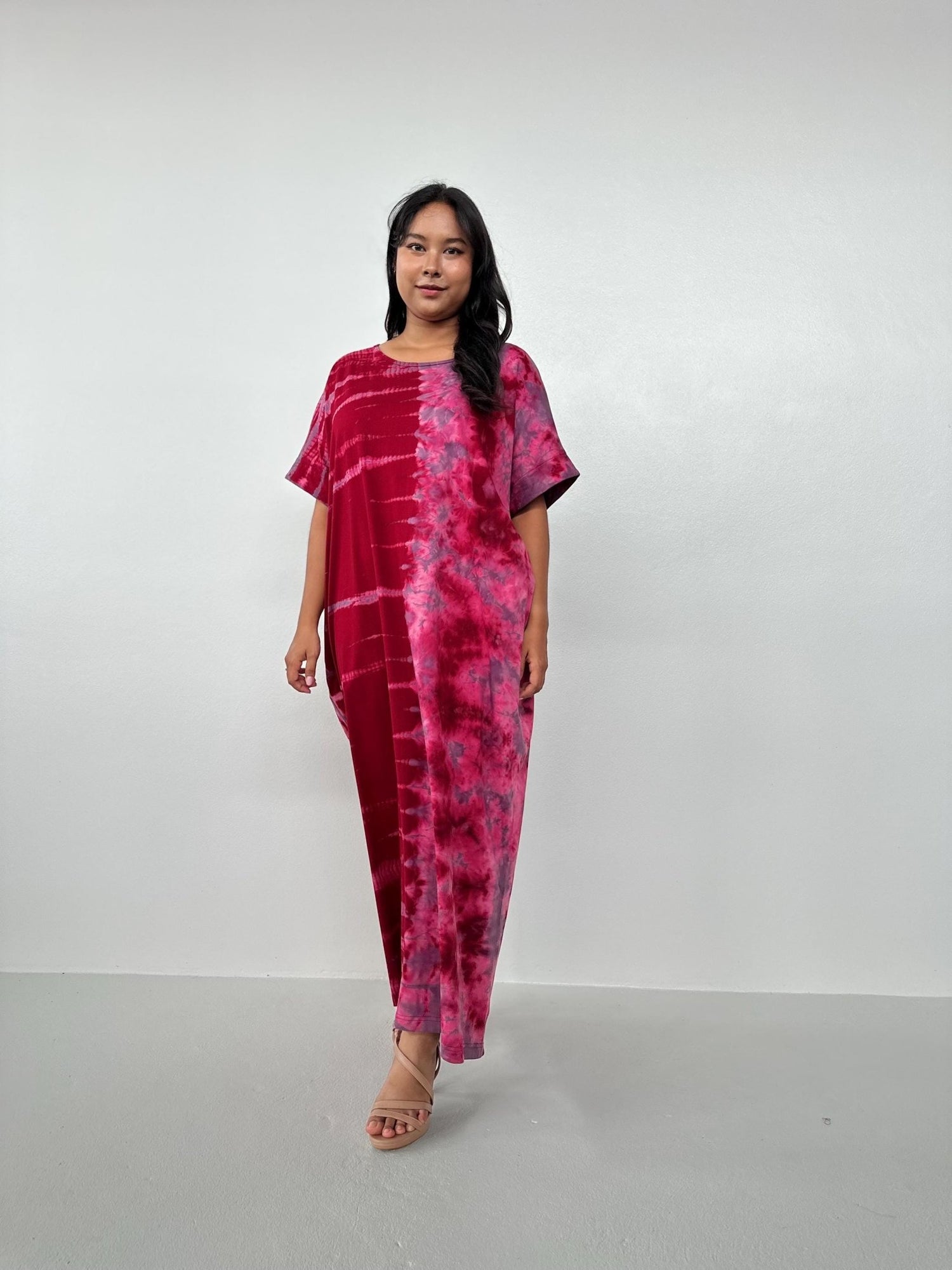 Mala Handworks Alice Jersey Cotton Kaftan in Red and Pink Tidal Tie Dye