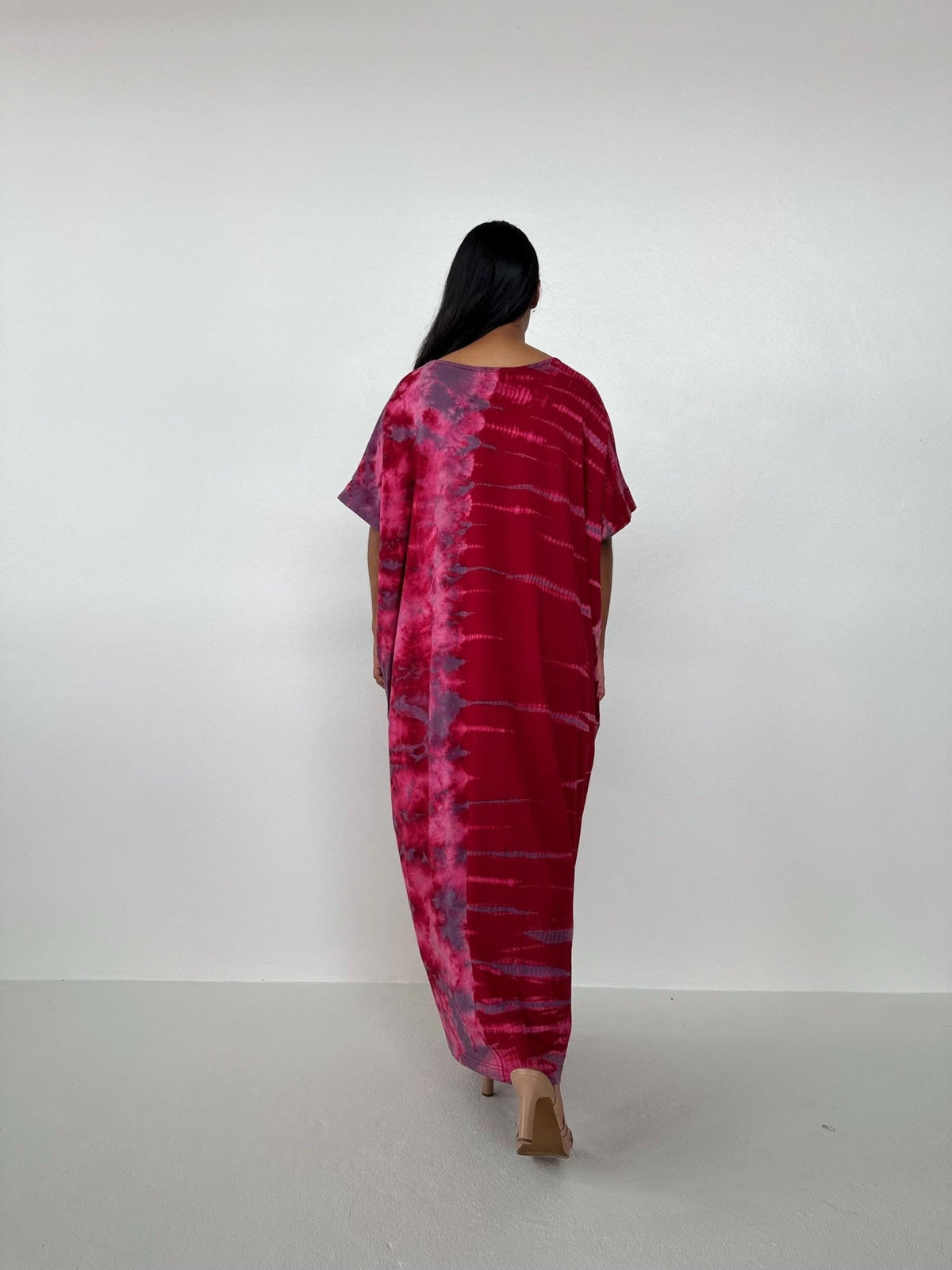 Mala Handworks Alice Jersey Cotton Kaftan in Red and Pink Tidal Tie Dye