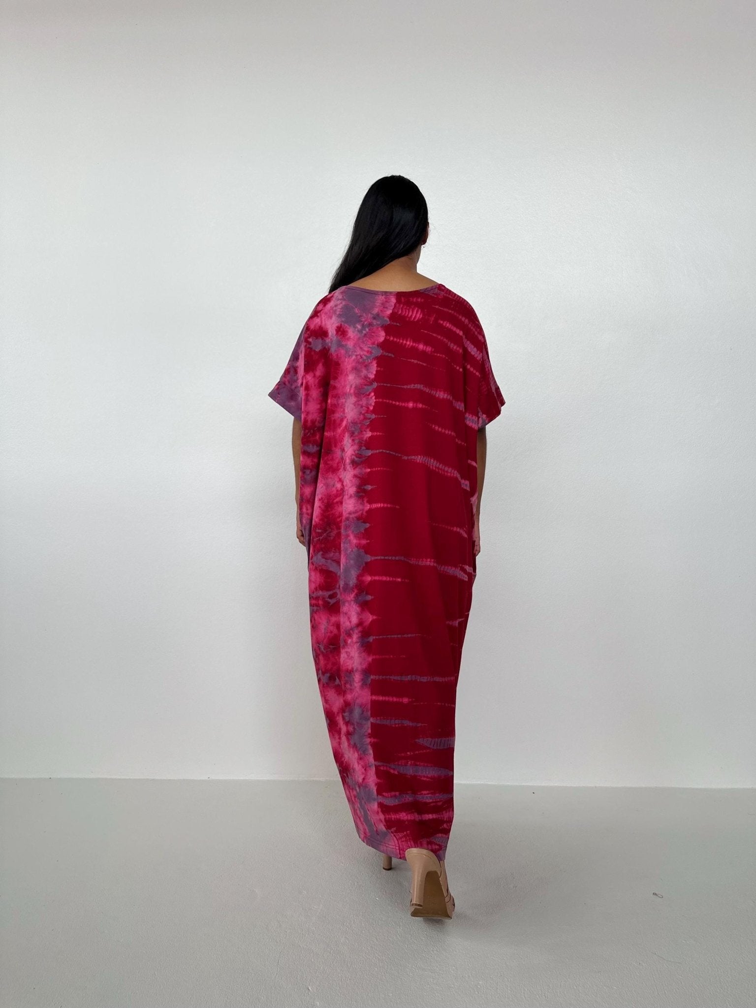 Mala Handworks Alice Jersey Cotton Kaftan in Red and Pink Tidal Tie Dye