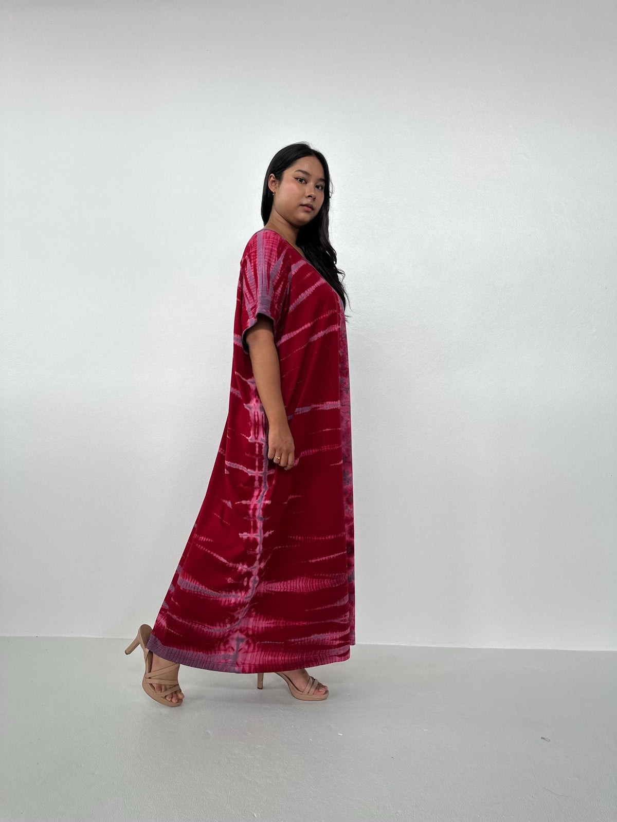 Mala Handworks Alice Jersey Cotton Kaftan in Red and Pink Tidal Tie Dye