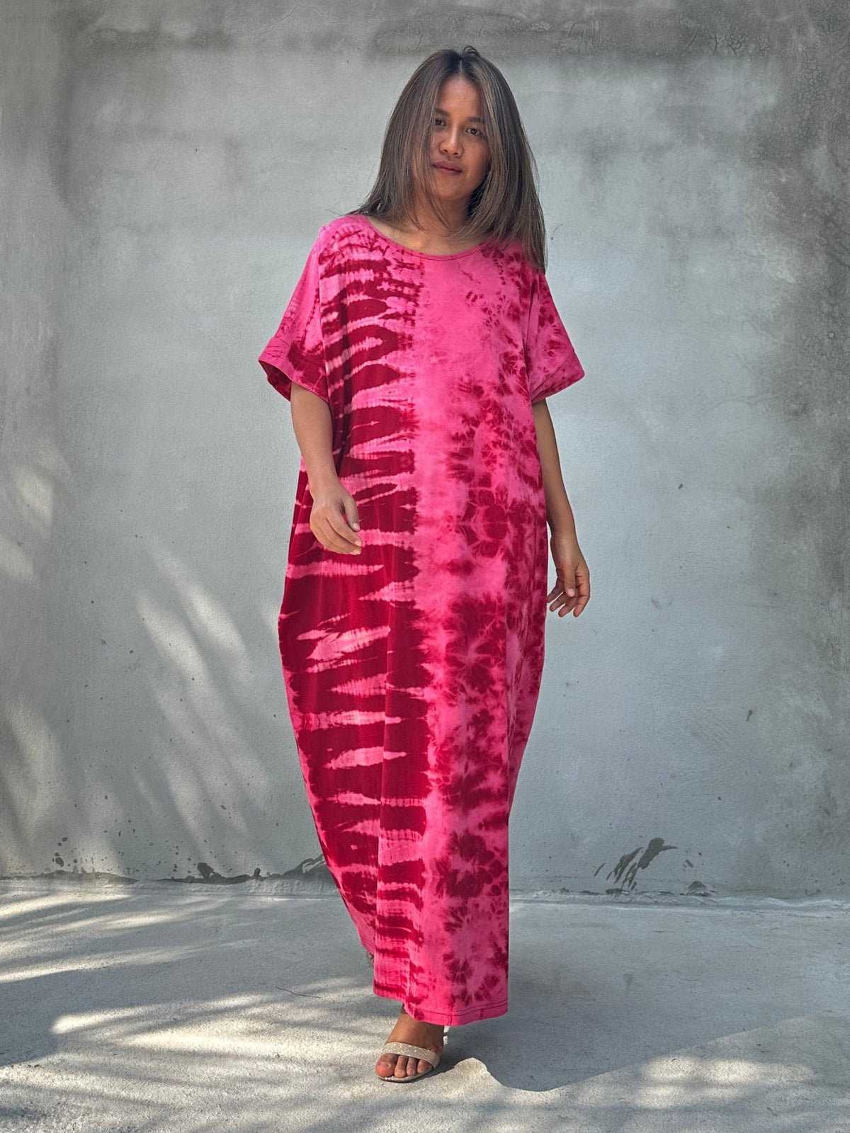 MALA handworks  Alice Jersey Cotton Kaftan in Red and Pink Tie Dye