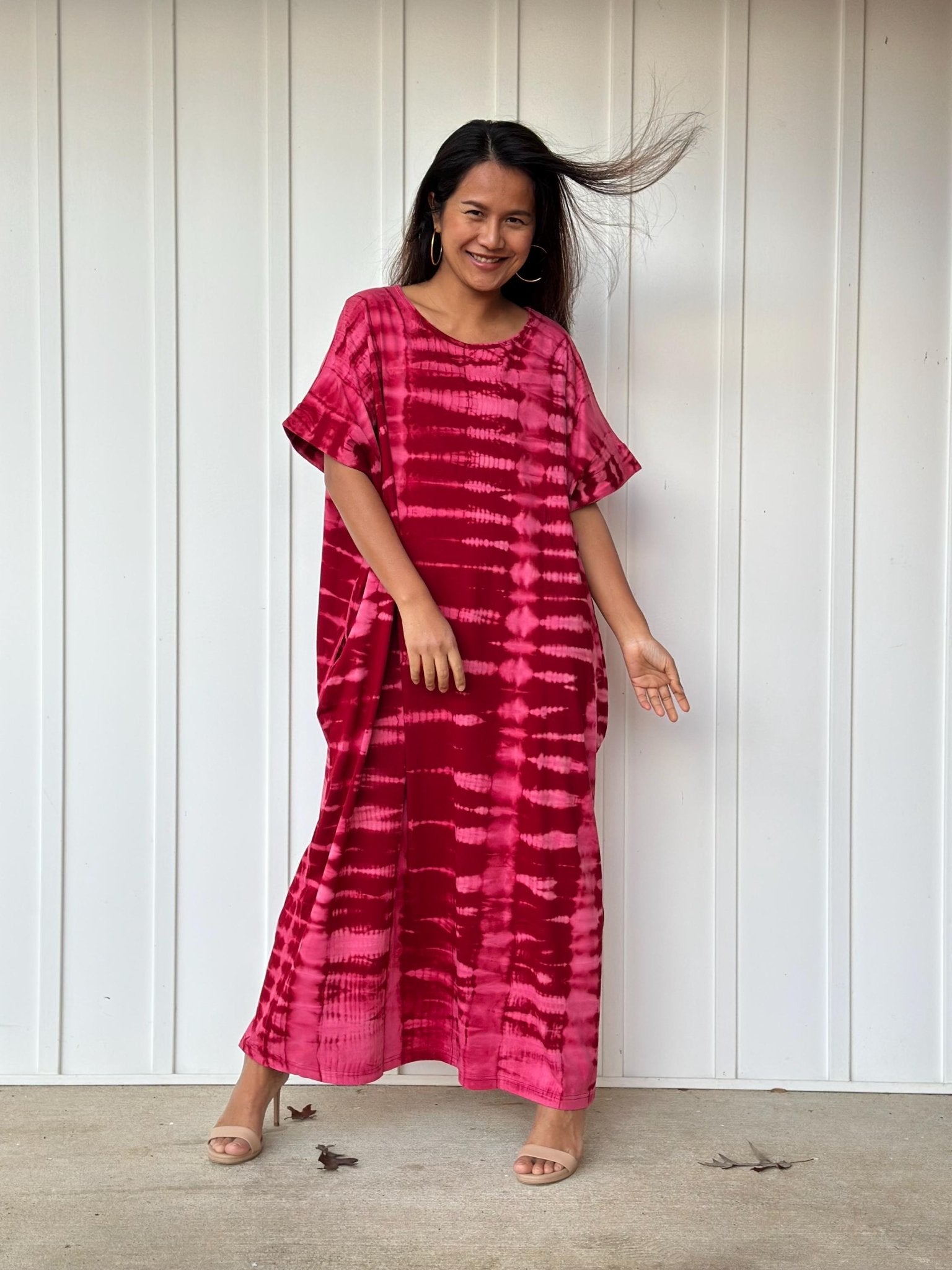 MALA handworks Alice Jersey Cotton Kaftan in Red and Pink Tie Dye