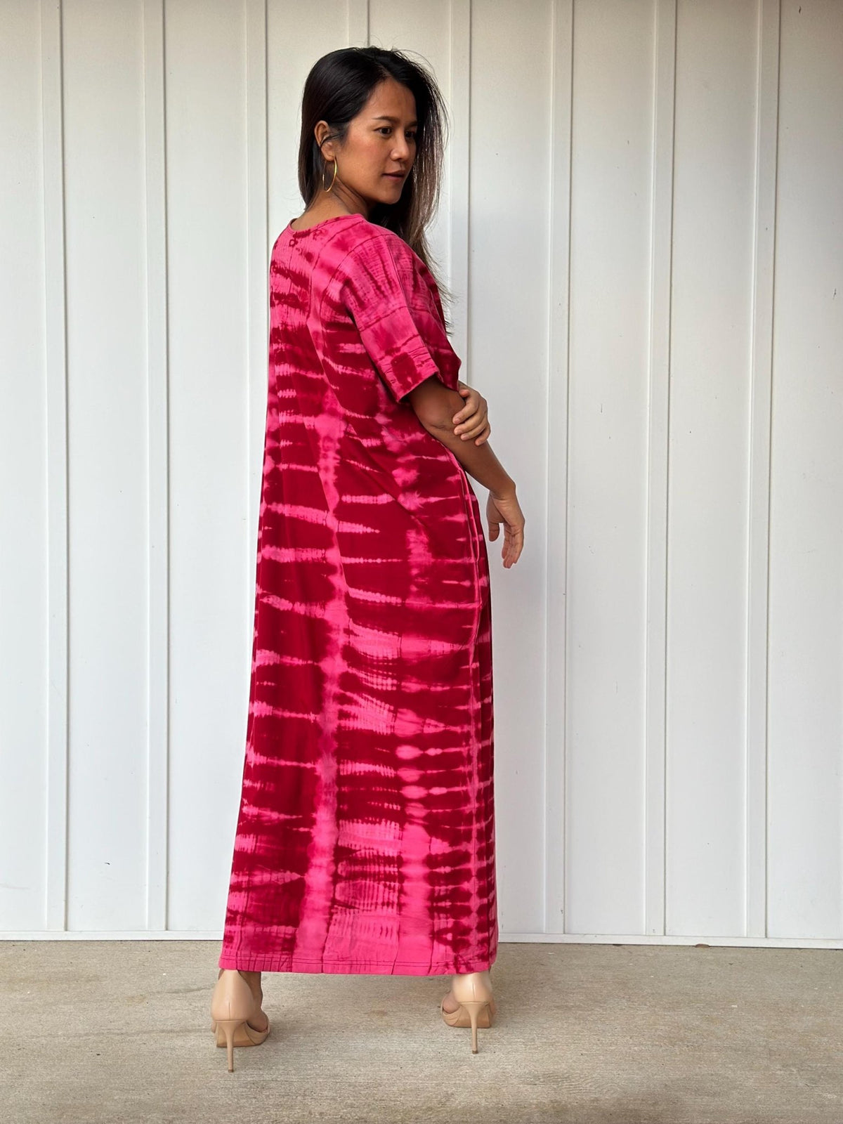 MALA handworks Alice Jersey Cotton Kaftan in Red and Pink Tie Dye