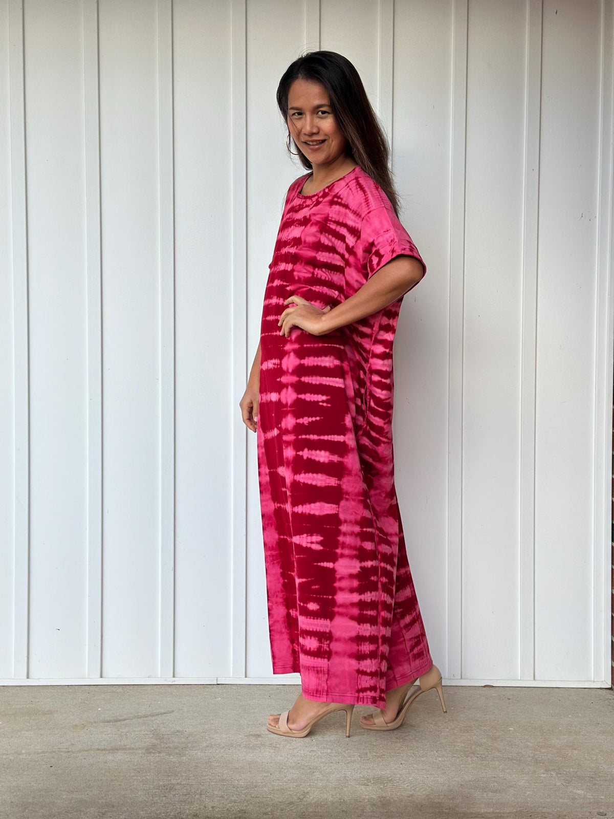 MALA handworks Alice Jersey Cotton Kaftan in Red and Pink Tie Dye