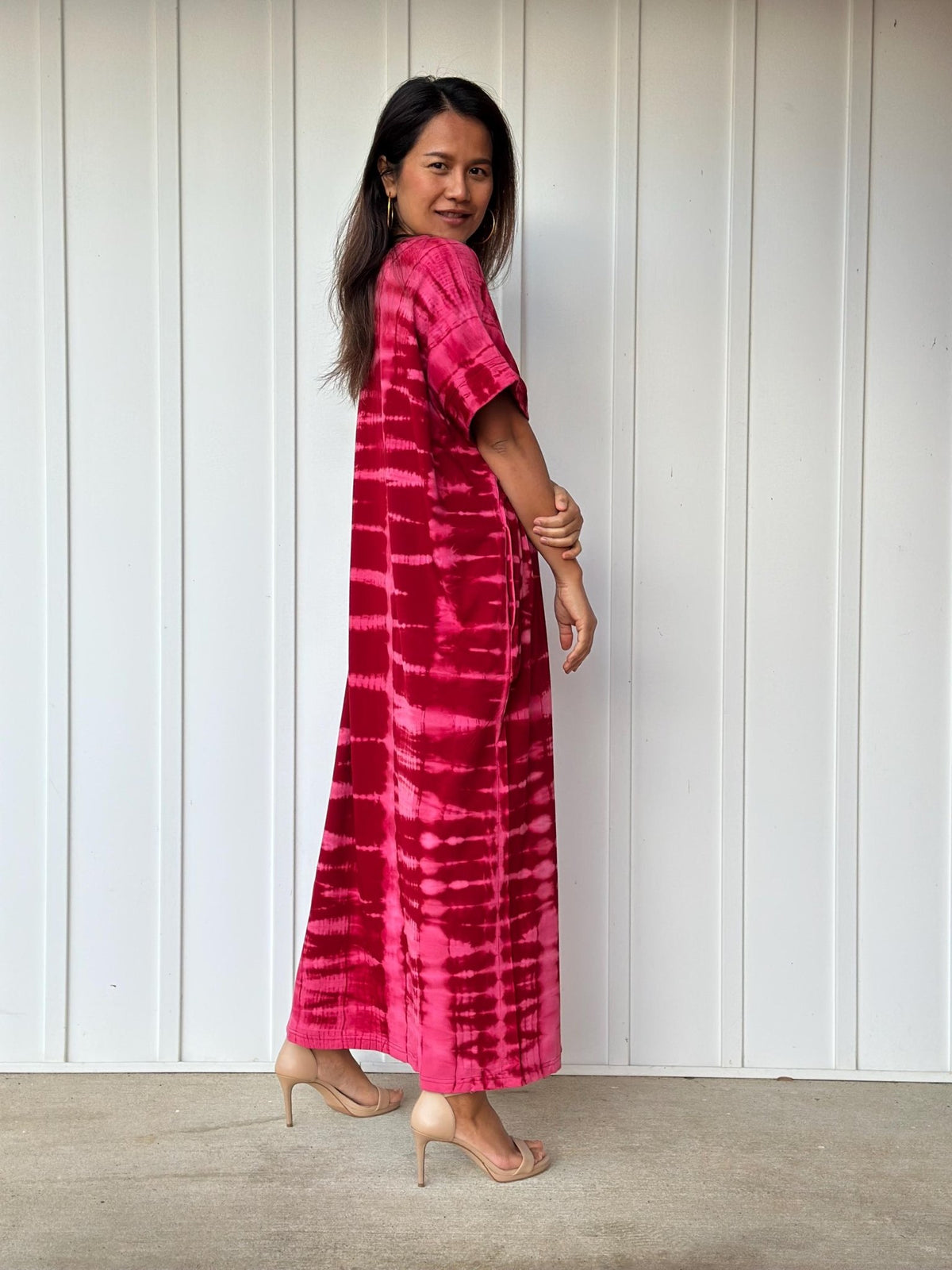 MALA handworks Alice Jersey Cotton Kaftan in Red and Pink Tie Dye