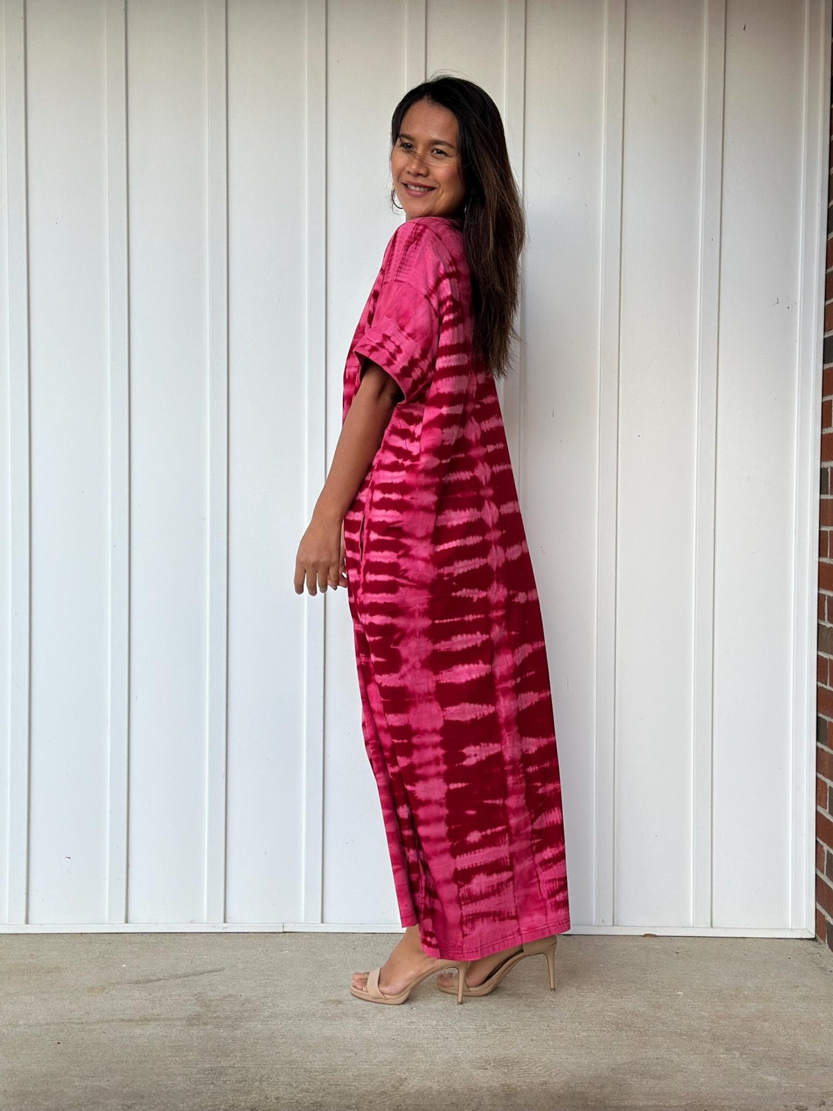 MALA handworks Alice Jersey Cotton Kaftan in Red and Pink Tie Dye