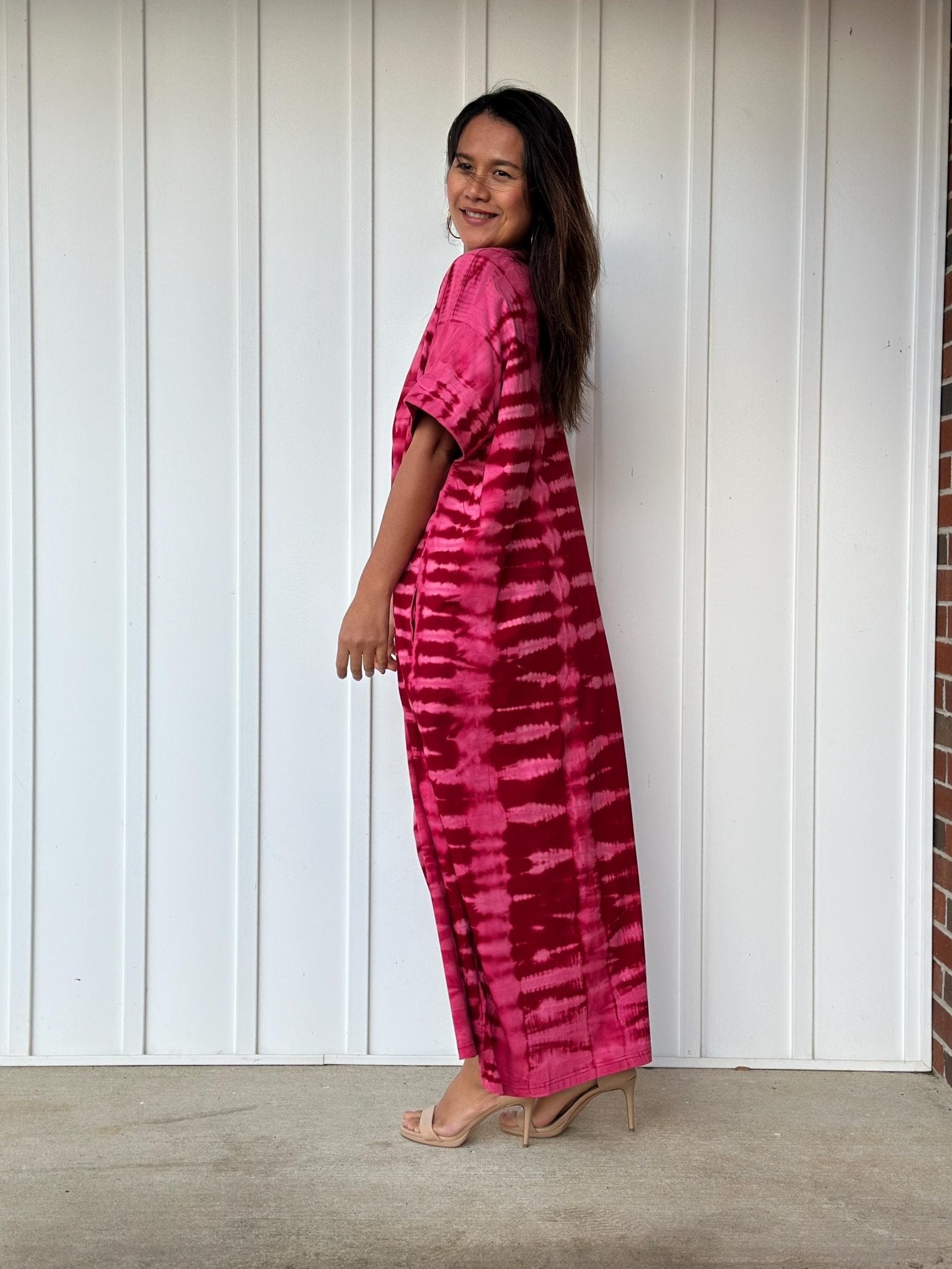 MALA handworks Alice Jersey Cotton Kaftan in Red and Pink Tie Dye