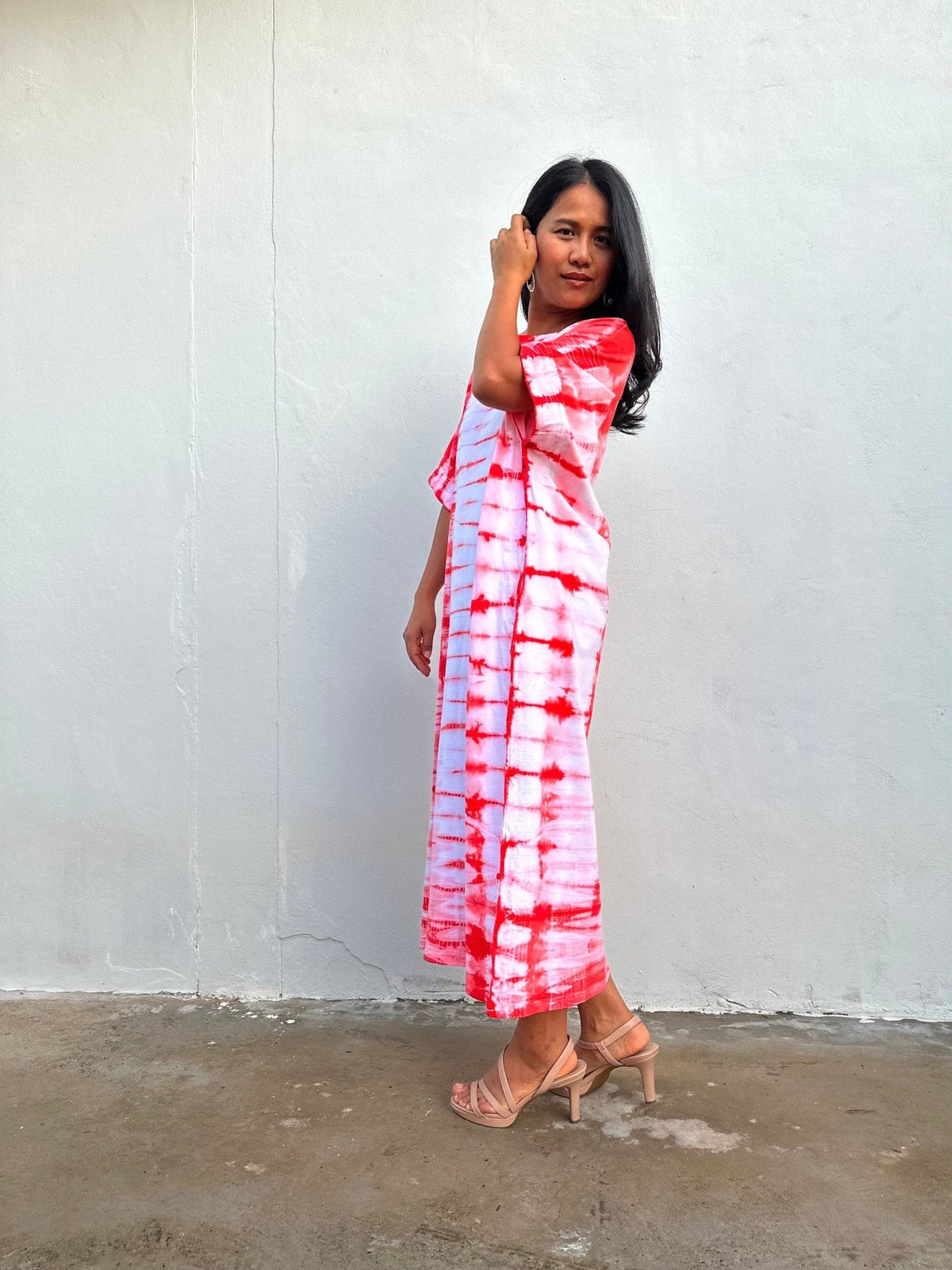 Mala Handworks Alice Jersey Cotton Kaftan in White and Red Tie Dye