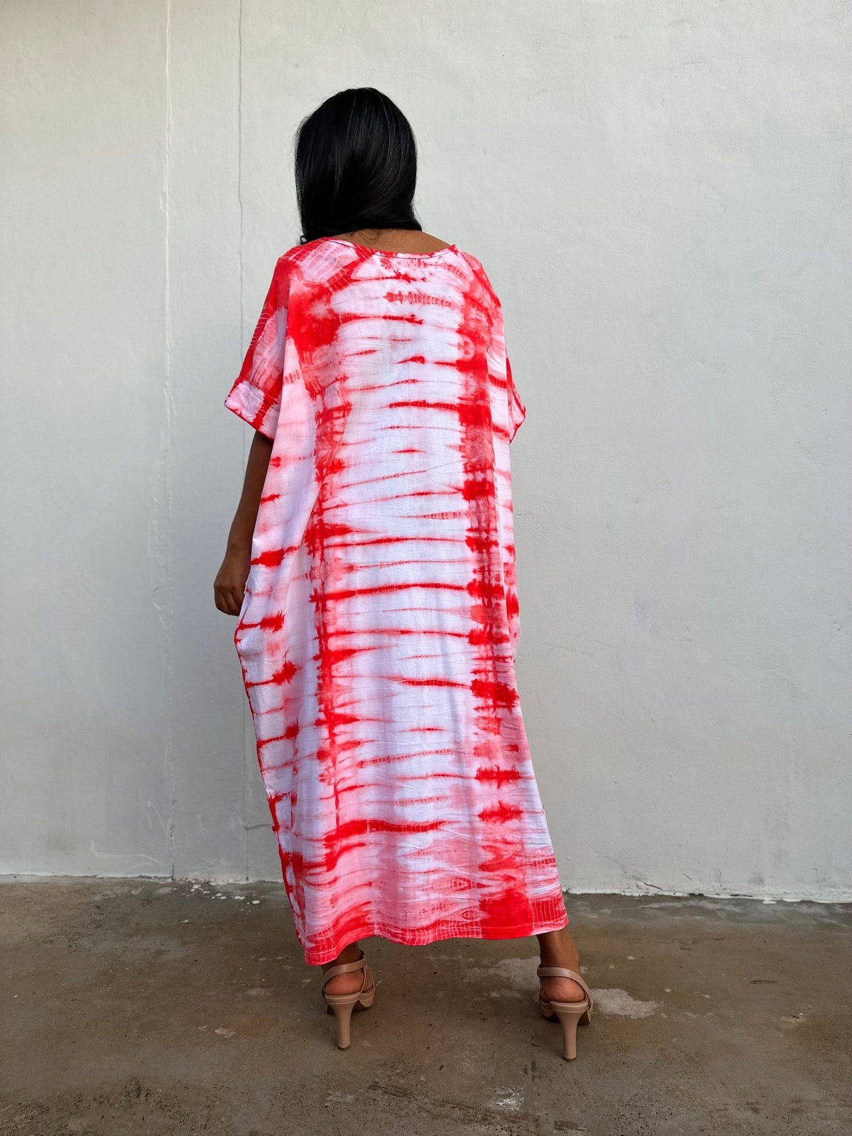 Mala Handworks Alice Jersey Cotton Kaftan in White and Red Tie Dye