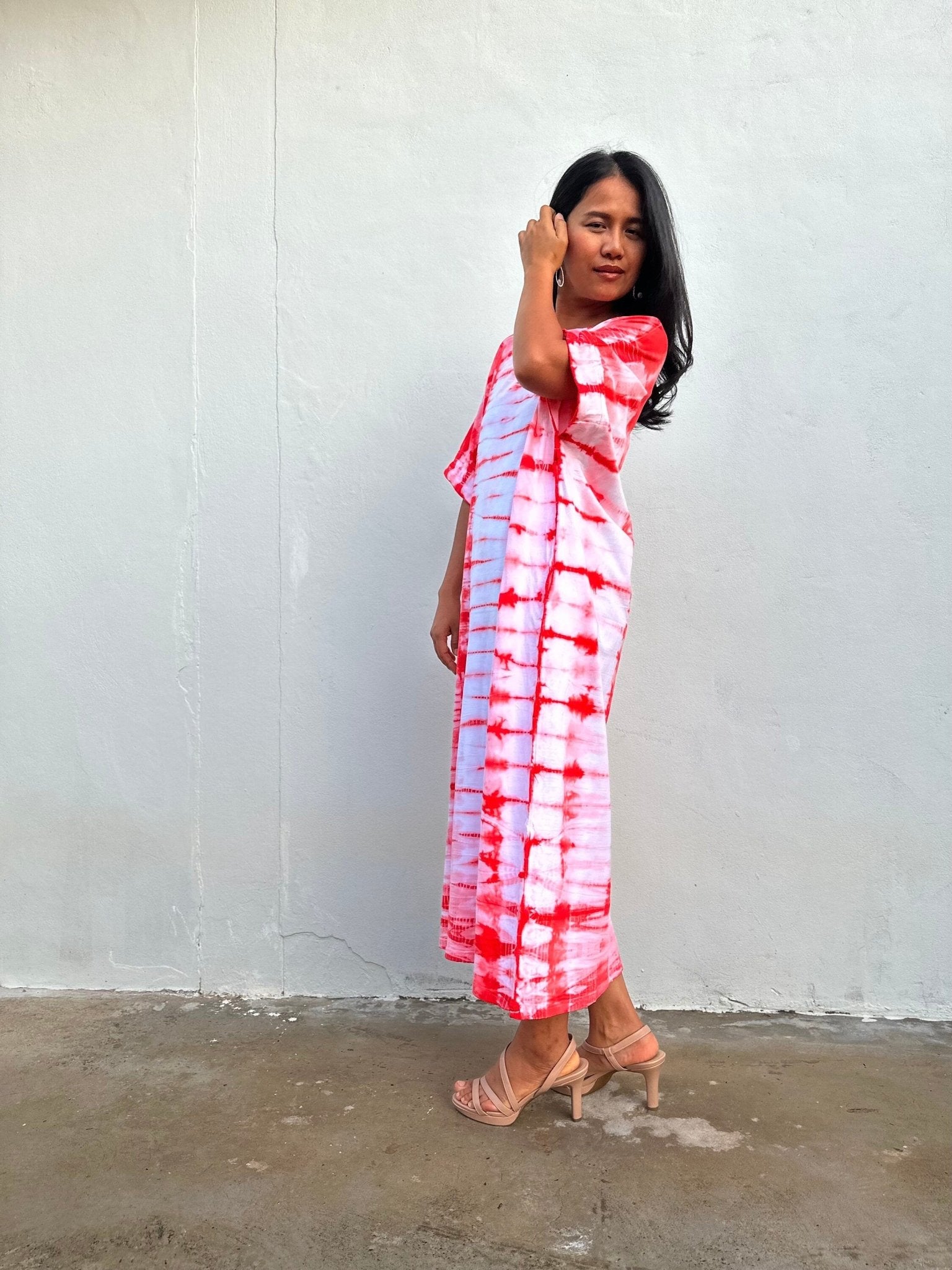 Mala Handworks Alice Jersey Cotton Kaftan in White and Red Tie Dye