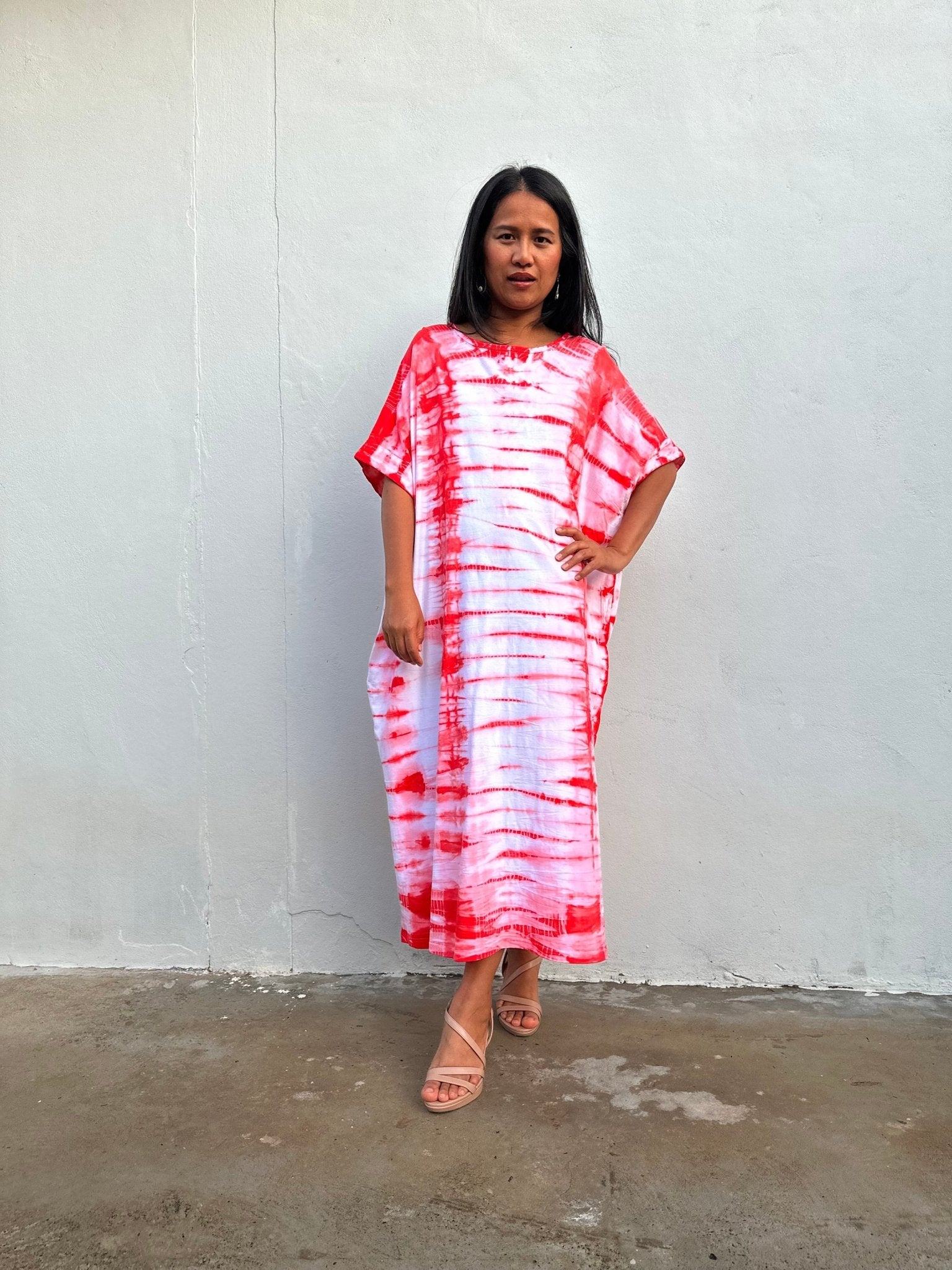Mala Handworks Alice Jersey Cotton Kaftan in White and Red Tie Dye