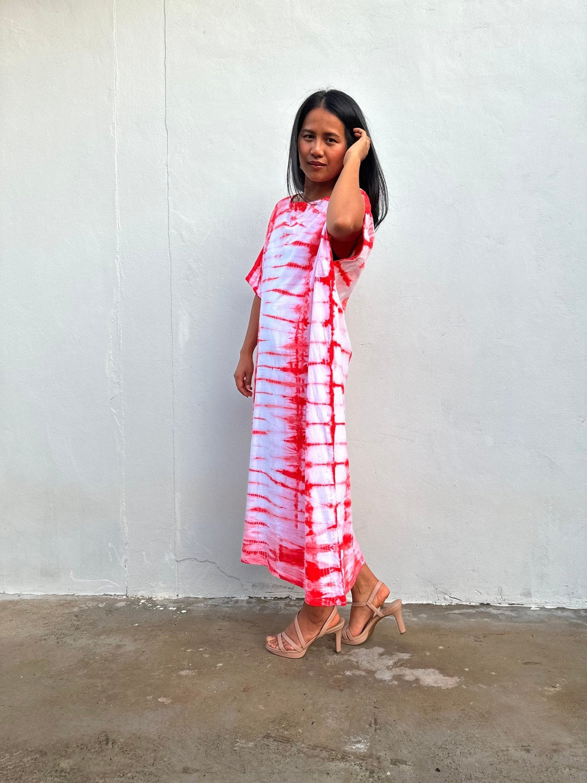 Mala Handworks Alice Jersey Cotton Kaftan in White and Red Tie Dye