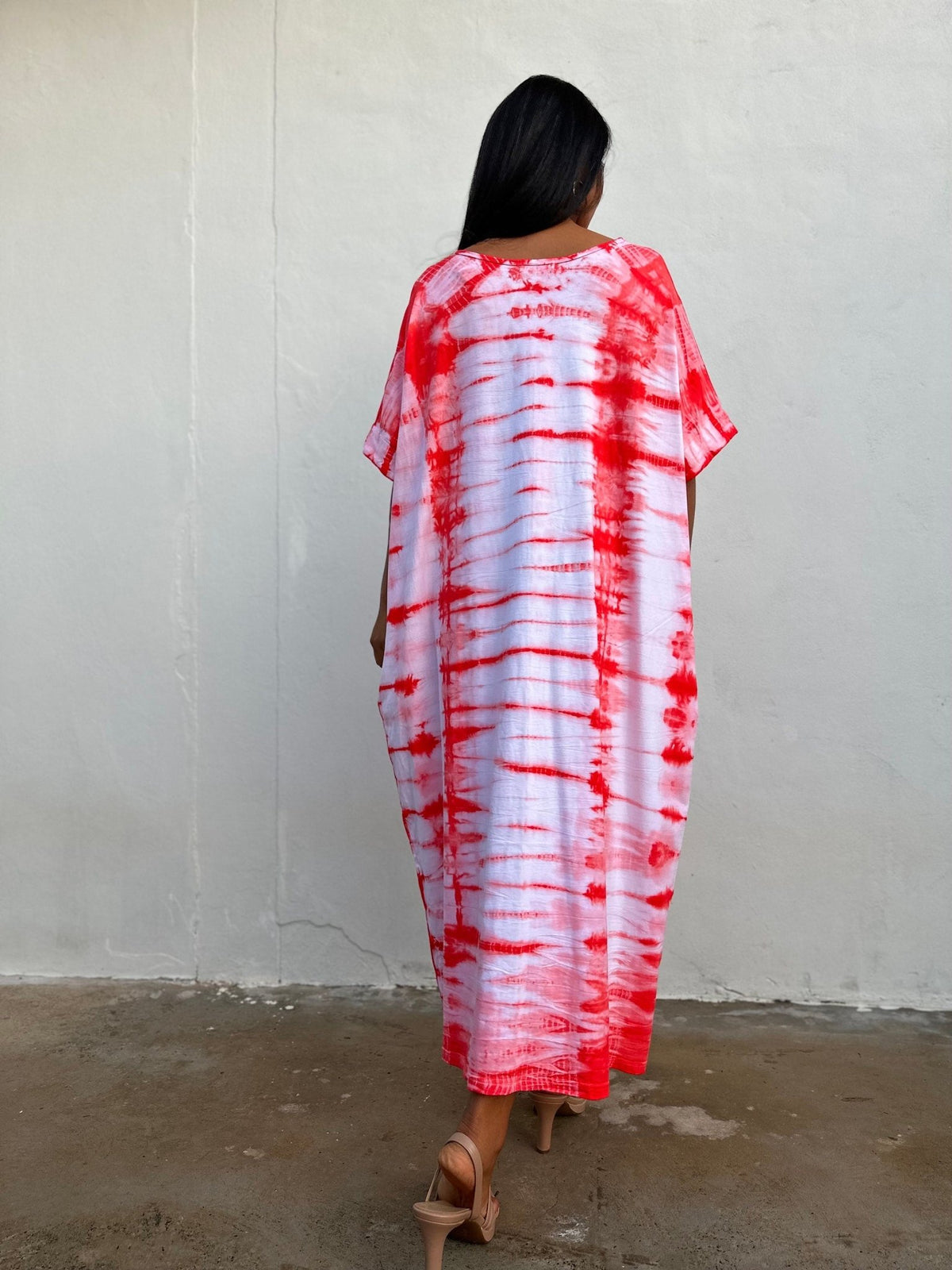Mala Handworks Alice Jersey Cotton Kaftan in White and Red Tie Dye