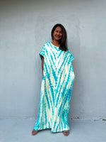 Alice Jersey Cotton Kaftan in White & Aqua Tie Dye - Mala Handworks