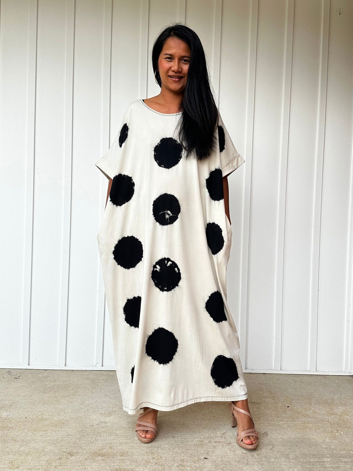 MALA handworks Alice White Jersey Cotton Kaftan with Black Polka Dots