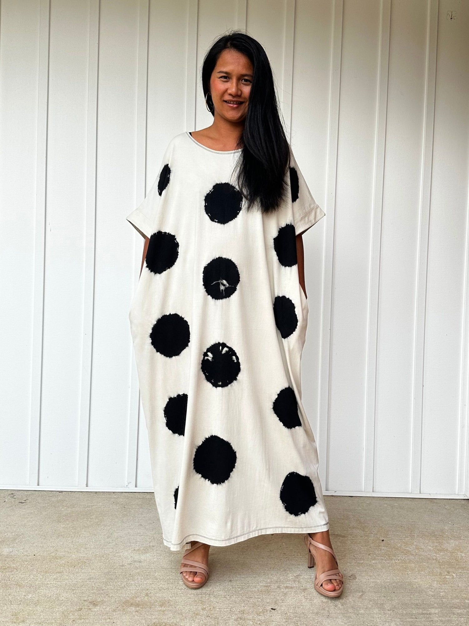 MALA handworks Alice White Jersey Cotton Kaftan with Black Polka Dots