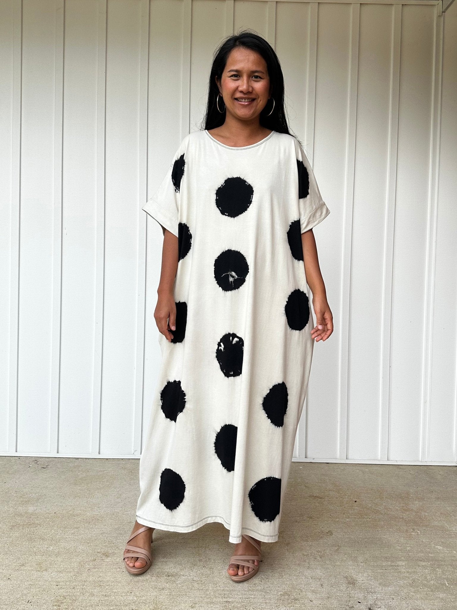 MALA handworks Alice White Jersey Cotton Kaftan with Black Polka Dots