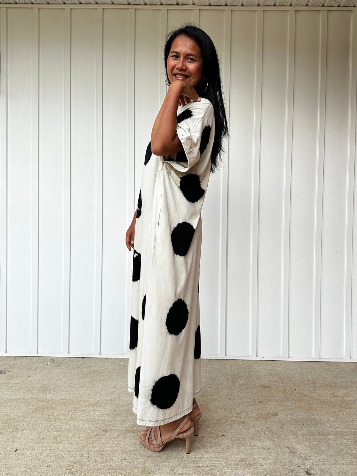 MALA handworks Alice White Jersey Cotton Kaftan with Black Polka Dots