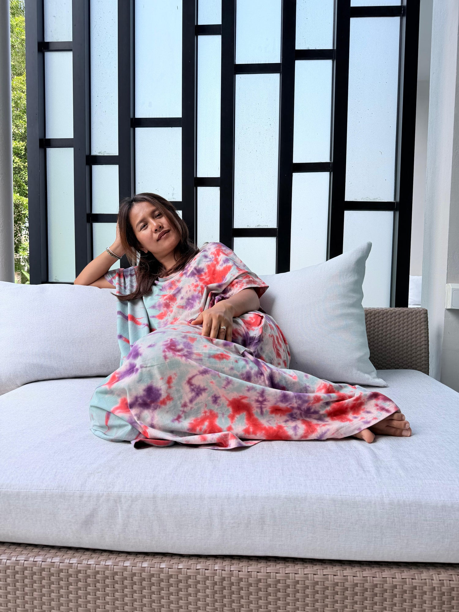 Alice Jersey Cotton Kaftan in Aqua Fuchsia Tidal Tie Dye