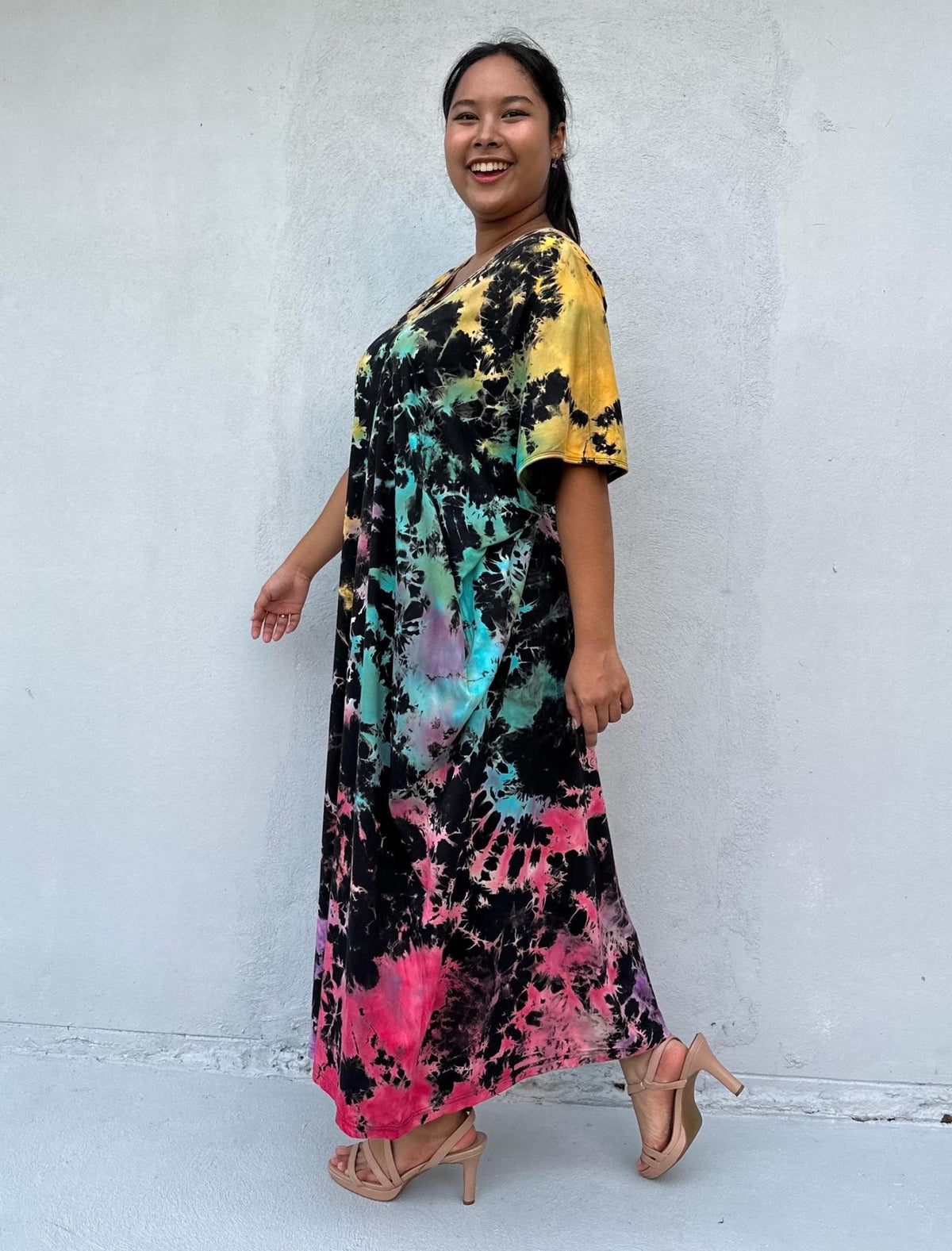 Mala Handworks Alisa Cotton Kaftan in Black Rainbow Tie Dye